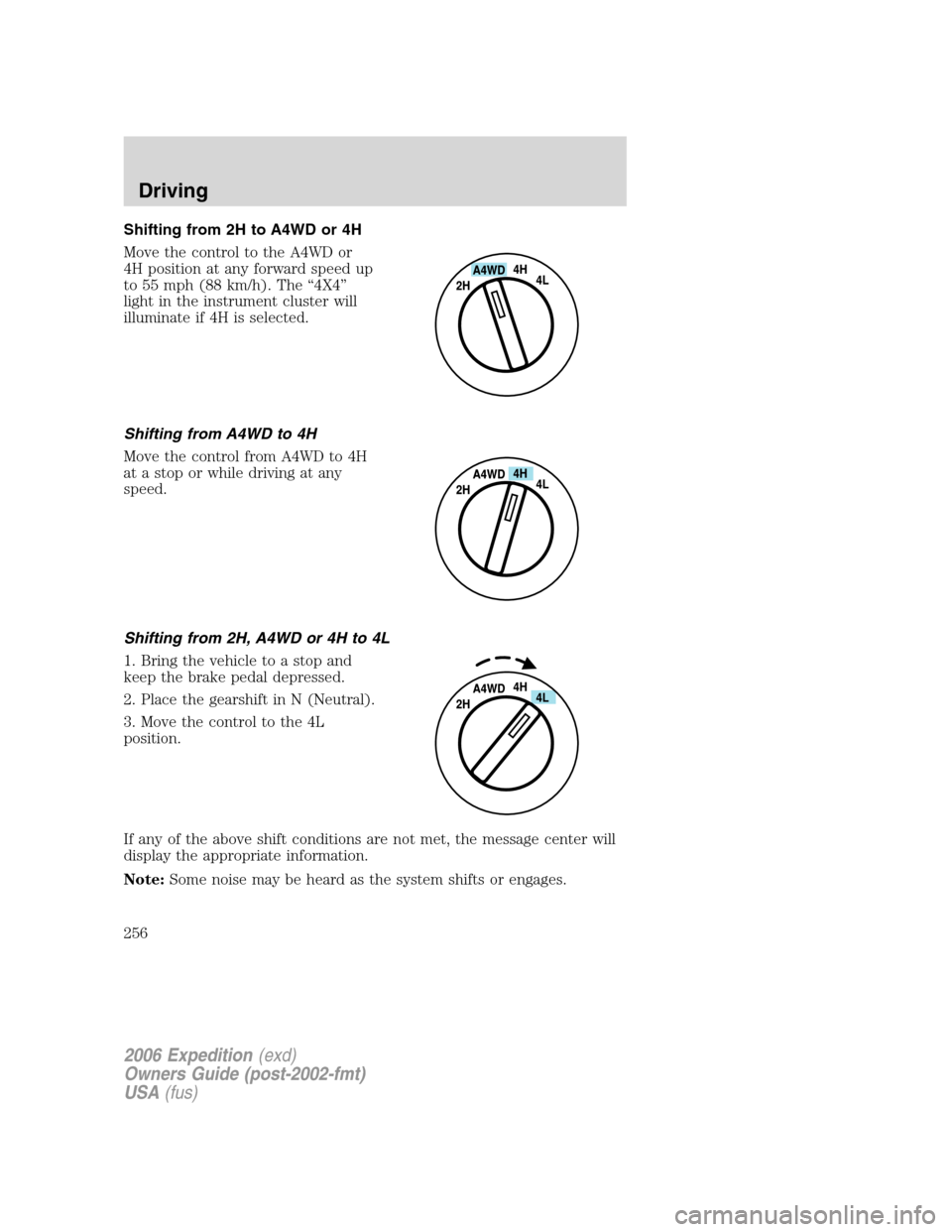 FORD EXPEDITION 2006 2.G Owners Manual Shifting from 2H to A4WD or 4H
Move the control to the A4WD or
4H position at any forward speed up
to 55 mph (88 km/h). The “4X4”
light in the instrument cluster will
illuminate if 4H is selected. FORD EXPEDITION 2006 2.G Owners Manual Shifting from 2H to A4WD or 4H
Move the control to the A4WD or
4H position at any forward speed up
to 55 mph (88 km/h). The “4X4”
light in the instrument cluster will
illuminate if 4H is selected.