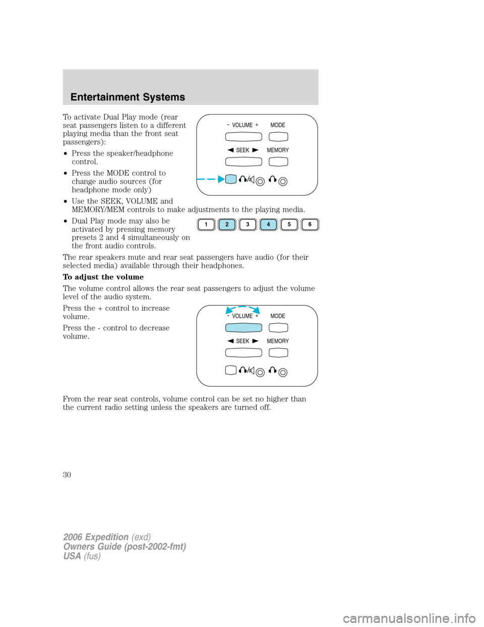 FORD EXPEDITION 2006 2.G Owners Manual To activate Dual Play mode (rear
seat passengers listen to a different
playing media than the front seat
passengers):
•Press the speaker/headphone
control.
•Press the MODE control to
change audio 