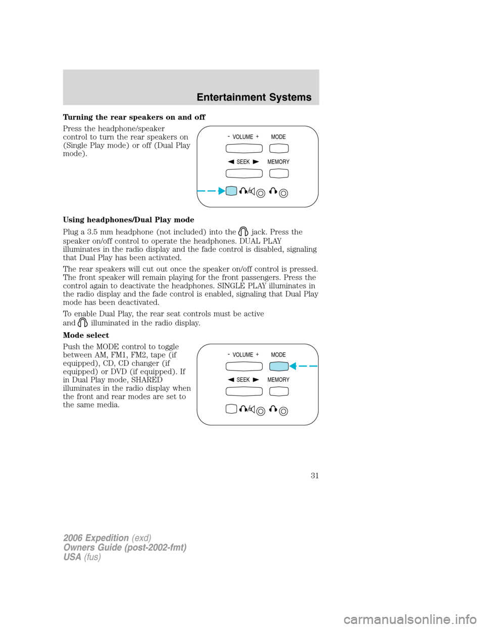 FORD EXPEDITION 2006 2.G Owners Guide Turning the rear speakers on and off
Press the headphone/speaker
control to turn the rear speakers on
(Single Play mode) or off (Dual Play
mode).
Using headphones/Dual Play mode
Plug a 3.5 mm headphon