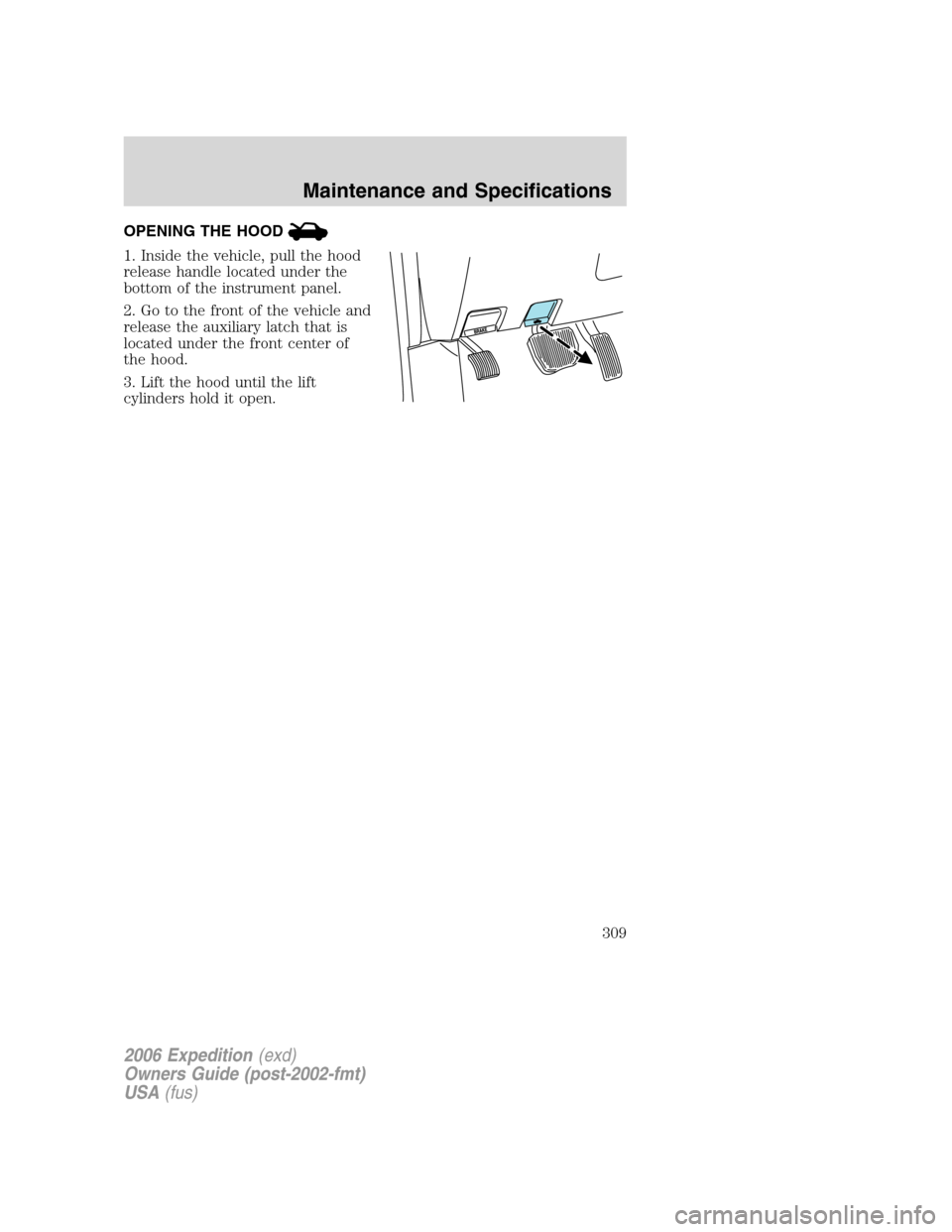 FORD EXPEDITION 2006 2.G Owners Manual OPENING THE HOOD
1. Inside the vehicle, pull the hood
release handle located under the
bottom of the instrument panel.
2. Go to the front of the vehicle and
release the auxiliary latch that is
located