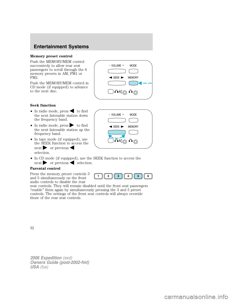 FORD EXPEDITION 2006 2.G Owners Guide Memory preset control
Push the MEMORY/MEM control
successively to allow rear seat
passengers to scroll through the 6
memory presets in AM, FM1 or
FM2.
Push the MEMORY/MEM control in
CD mode (if equipp