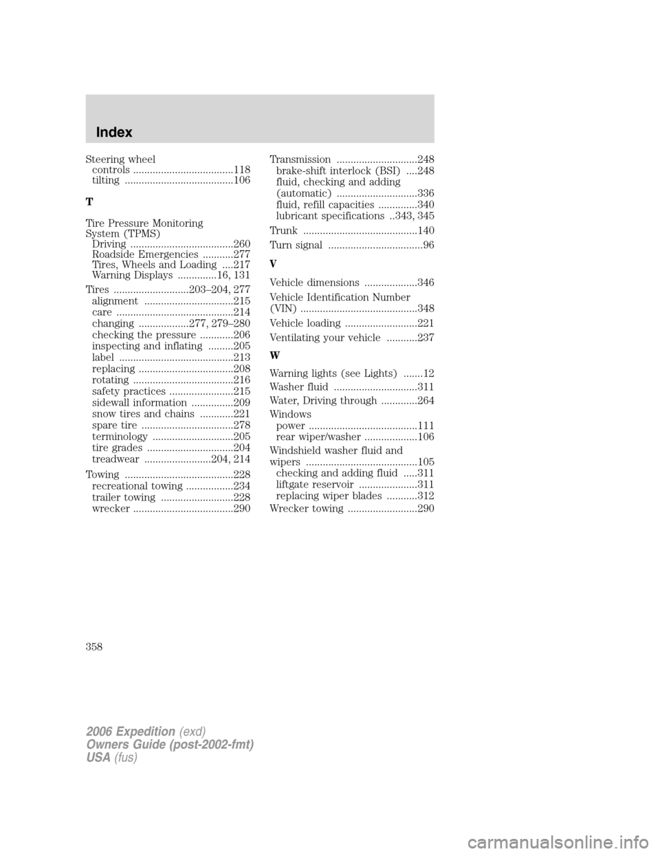FORD EXPEDITION 2006 2.G Owners Manual Steering wheel
controls ....................................118
tilting .......................................106
T
Tire Pressure Monitoring
System (TPMS)
Driving ....................................