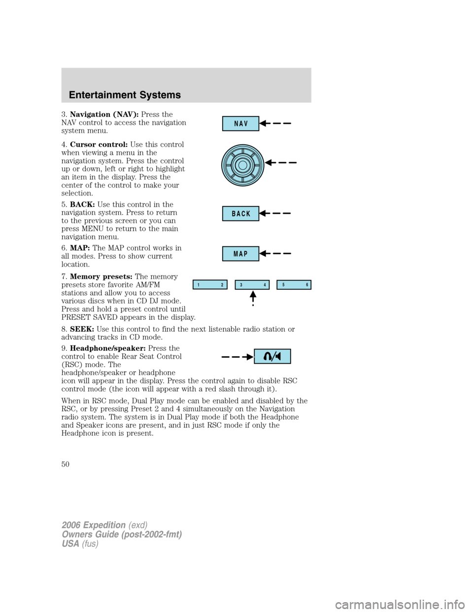 FORD EXPEDITION 2006 2.G Owners Manual 3.Navigation (NAV):Press the
NAV control to access the navigation
system menu.
4.Cursor control:Use this control
when viewing a menu in the
navigation system. Press the control
up or down, left or rig FORD EXPEDITION 2006 2.G Owners Manual 3.Navigation (NAV):Press the
NAV control to access the navigation
system menu.
4.Cursor control:Use this control
when viewing a menu in the
navigation system. Press the control
up or down, left or rig