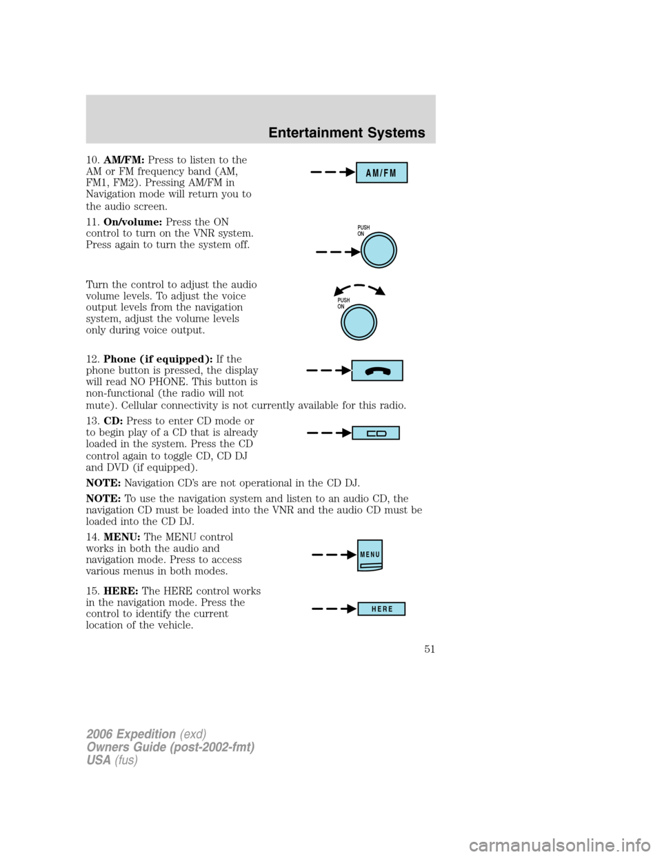 FORD EXPEDITION 2006 2.G Owners Manual 10.AM/FM:Press to listen to the
AM or FM frequency band (AM,
FM1, FM2). Pressing AM/FM in
Navigation mode will return you to
the audio screen.
11.On/volume:Press the ON
control to turn on the VNR syst