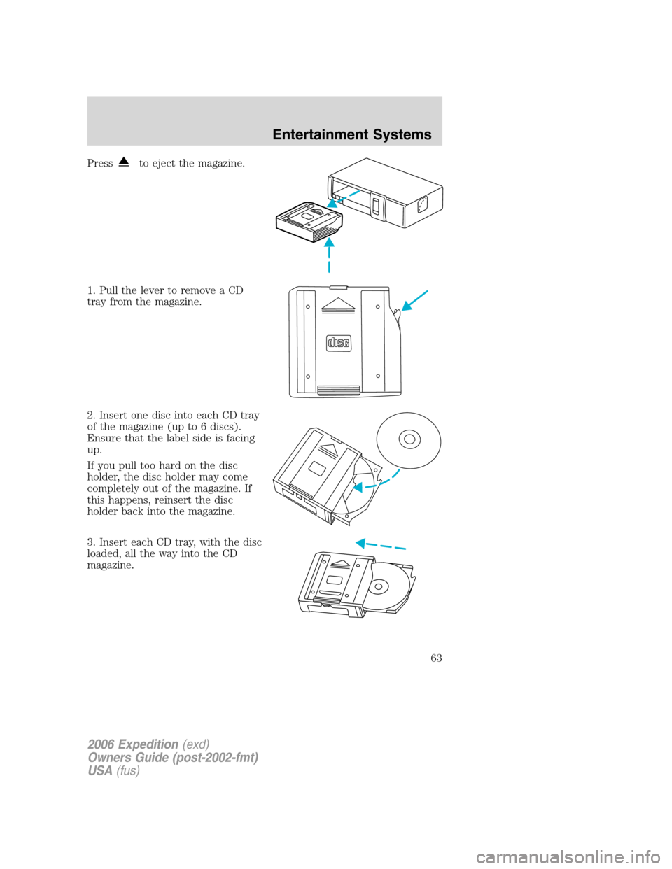 FORD EXPEDITION 2006 2.G Repair Manual Pressto eject the magazine.
1. Pull the lever to remove a CD
tray from the magazine.
2. Insert one disc into each CD tray
of the magazine (up to 6 discs).
Ensure that the label side is facing
up.
If y