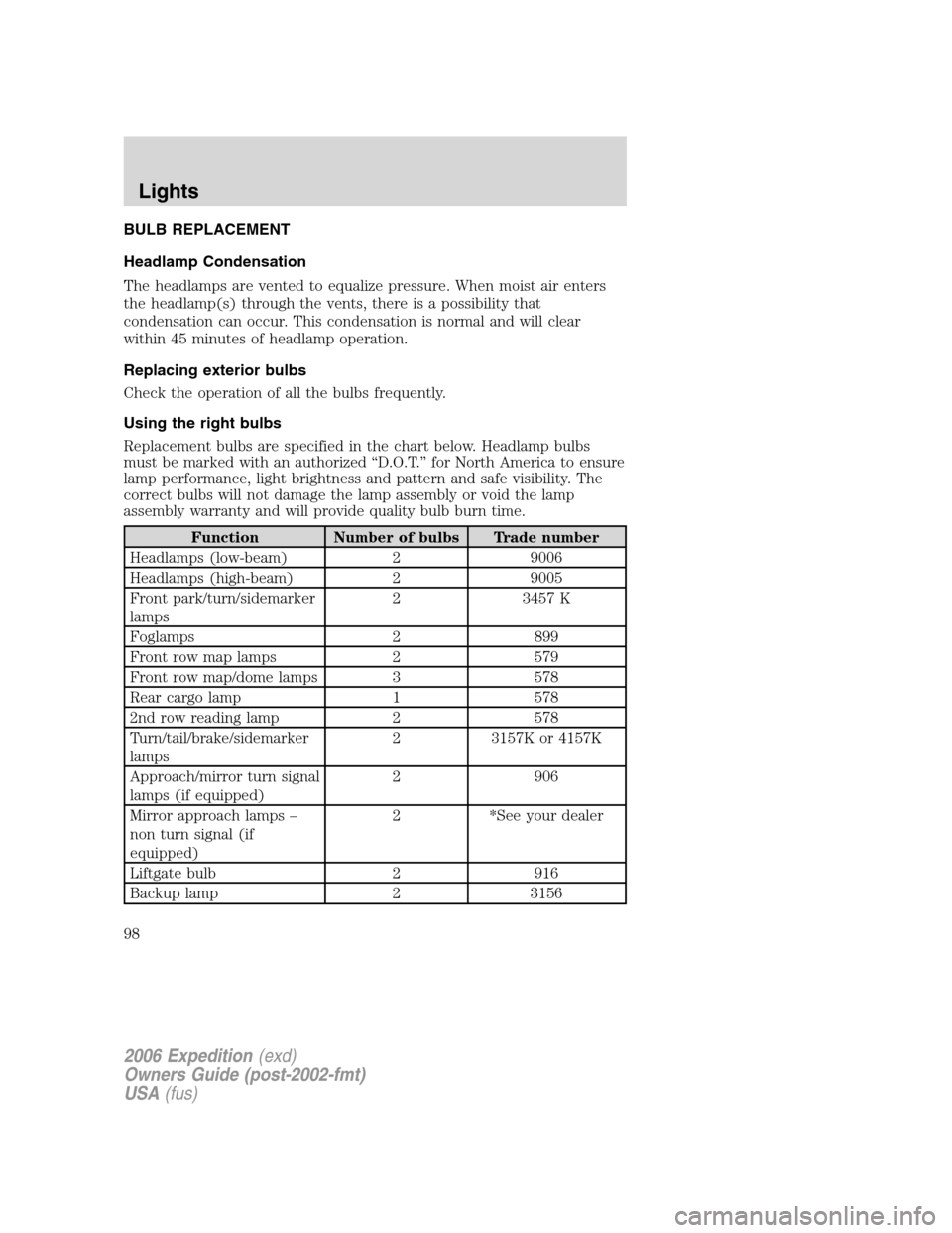 FORD EXPEDITION 2006 2.G Owners Manual BULB REPLACEMENT
Headlamp Condensation
The headlamps are vented to equalize pressure. When moist air enters
the headlamp(s) through the vents, there is a possibility that
condensation can occur. This 