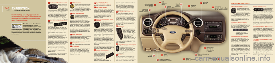 FORD EXPEDITION 2006 2.G Quick Reference Guide 2
ABS Warning Lamp
This lamp illuminates briefly when the
ignition is turned to the ON position.
In an emergency, apply continuous
force on the brake to prevent wheel
lock when braking on slippery sur