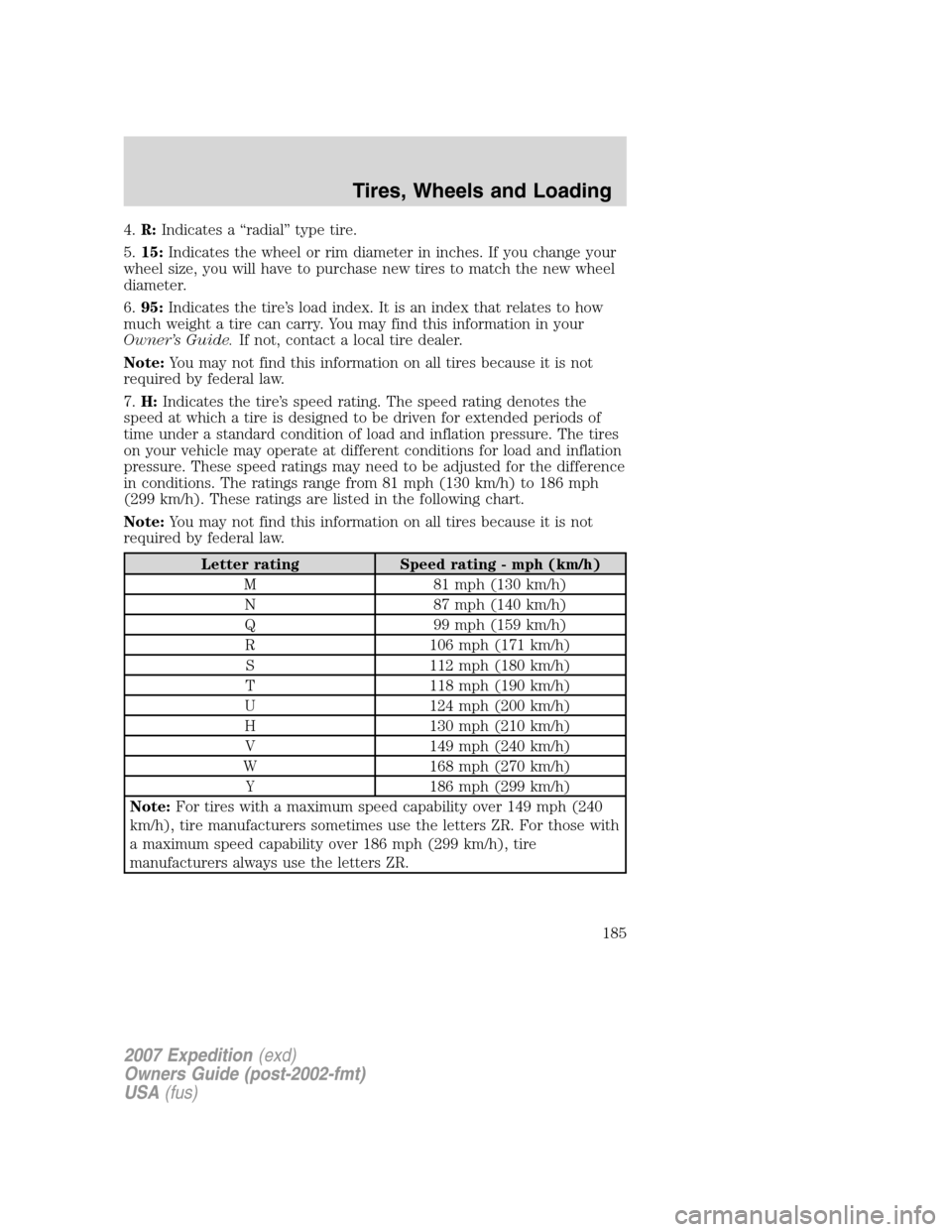 FORD EXPEDITION 2007 3.G Owners Manual 4.R:Indicates a “radial” type tire.
5.15:Indicates the wheel or rim diameter in inches. If you change your
wheel size, you will have to purchase new tires to match the new wheel
diameter.
6.95:Ind