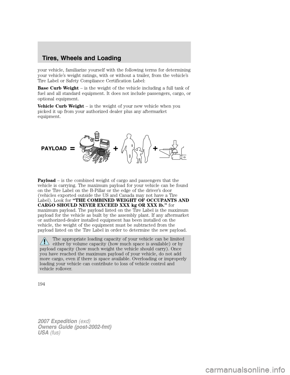 FORD EXPEDITION 2007 3.G Owners Manual your vehicle, familiarize yourself with the following terms for determining
your vehicle’s weight ratings, with or without a trailer, from the vehicle’s
Tire Label or Safety Compliance Certificati