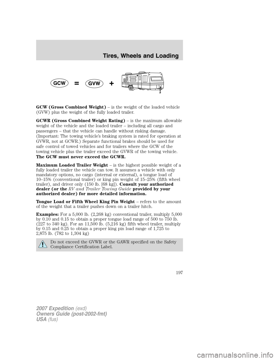 FORD EXPEDITION 2007 3.G Owners Manual GCW (Gross Combined Weight)– is the weight of the loaded vehicle
(GVW) plus the weight of the fully loaded trailer.
GCWR (Gross Combined Weight Rating)– is the maximum allowable
weight of the vehi FORD EXPEDITION 2007 3.G Owners Manual GCW (Gross Combined Weight)– is the weight of the loaded vehicle
(GVW) plus the weight of the fully loaded trailer.
GCWR (Gross Combined Weight Rating)– is the maximum allowable
weight of the vehi