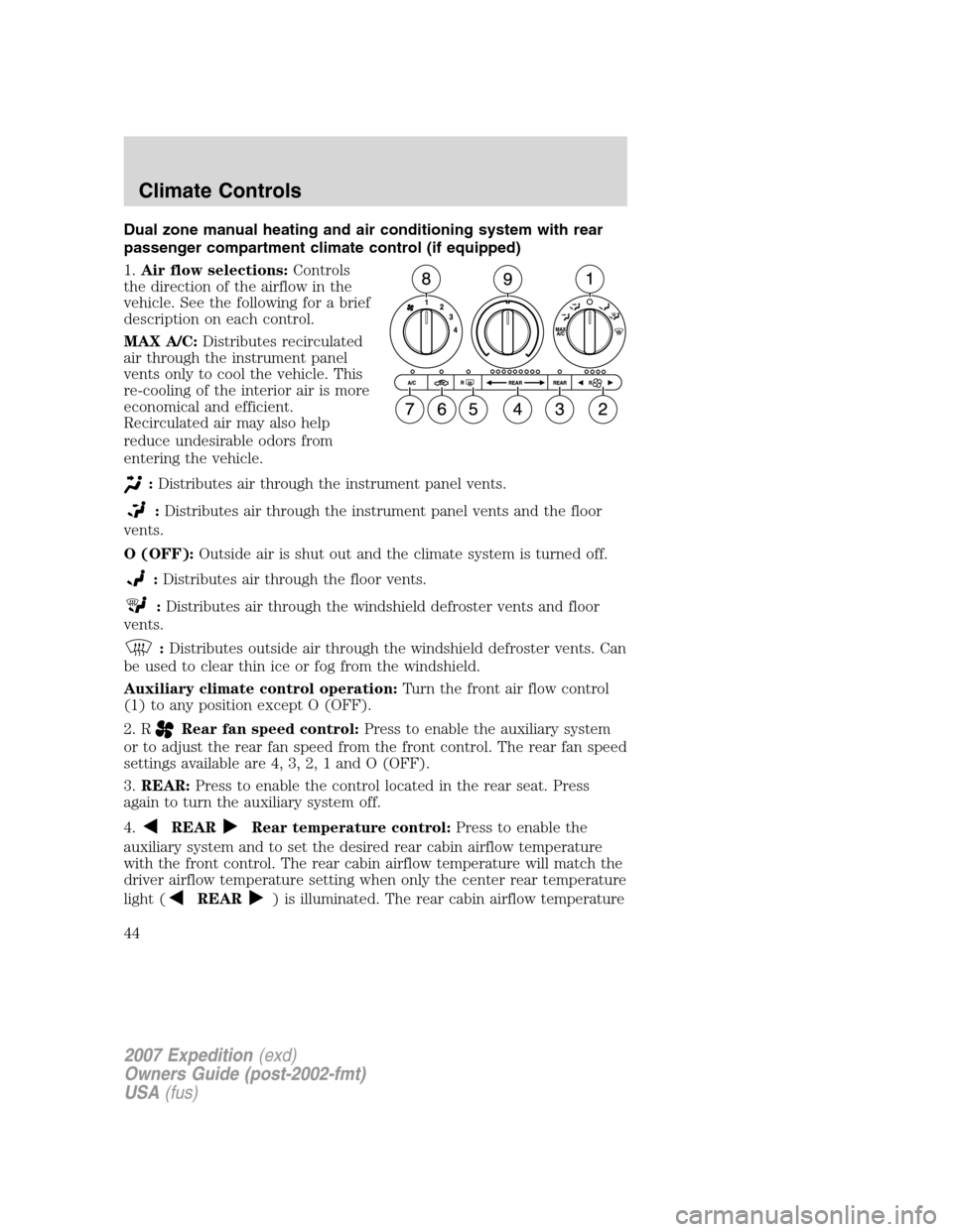 FORD EXPEDITION 2007 3.G Service Manual Dual zone manual heating and air conditioning system with rear
passenger compartment climate control (if equipped)
1.Air flow selections:Controls
the direction of the airflow in the
vehicle. See the f