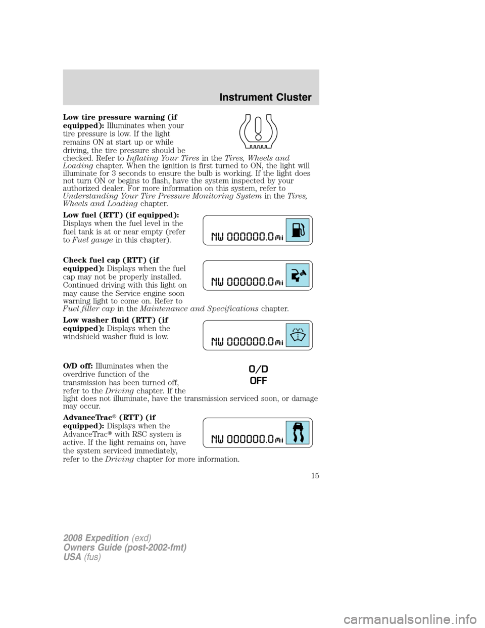 FORD EXPEDITION 2008 3.G User Guide Low tire pressure warning (if
equipped):Illuminates when your
tire pressure is low. If the light
remains ON at start up or while
driving, the tire pressure should be
checked. Refer toInflating Your Ti