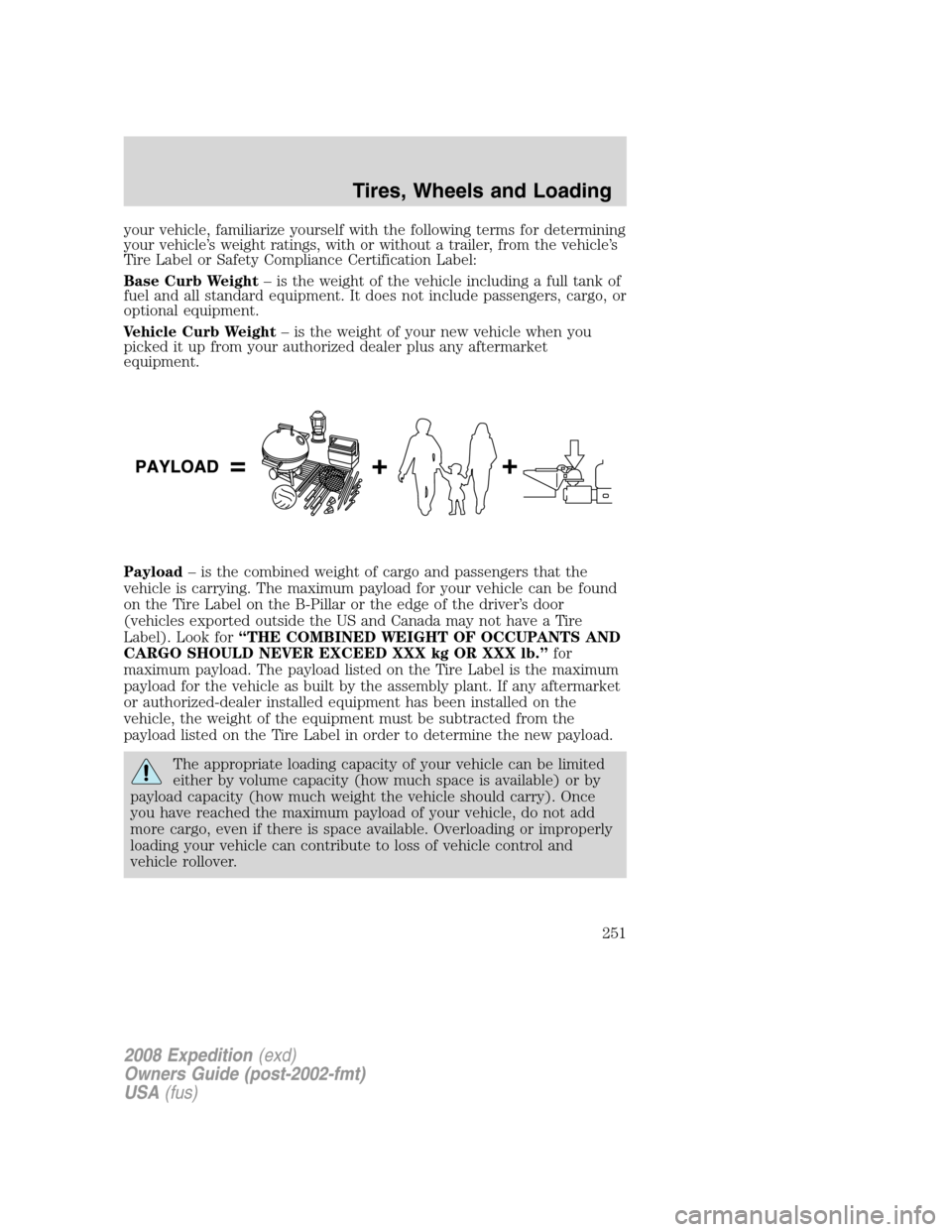 FORD EXPEDITION 2008 3.G Owners Manual your vehicle, familiarize yourself with the following terms for determining
your vehicle’s weight ratings, with or without a trailer, from the vehicle’s
Tire Label or Safety Compliance Certificati