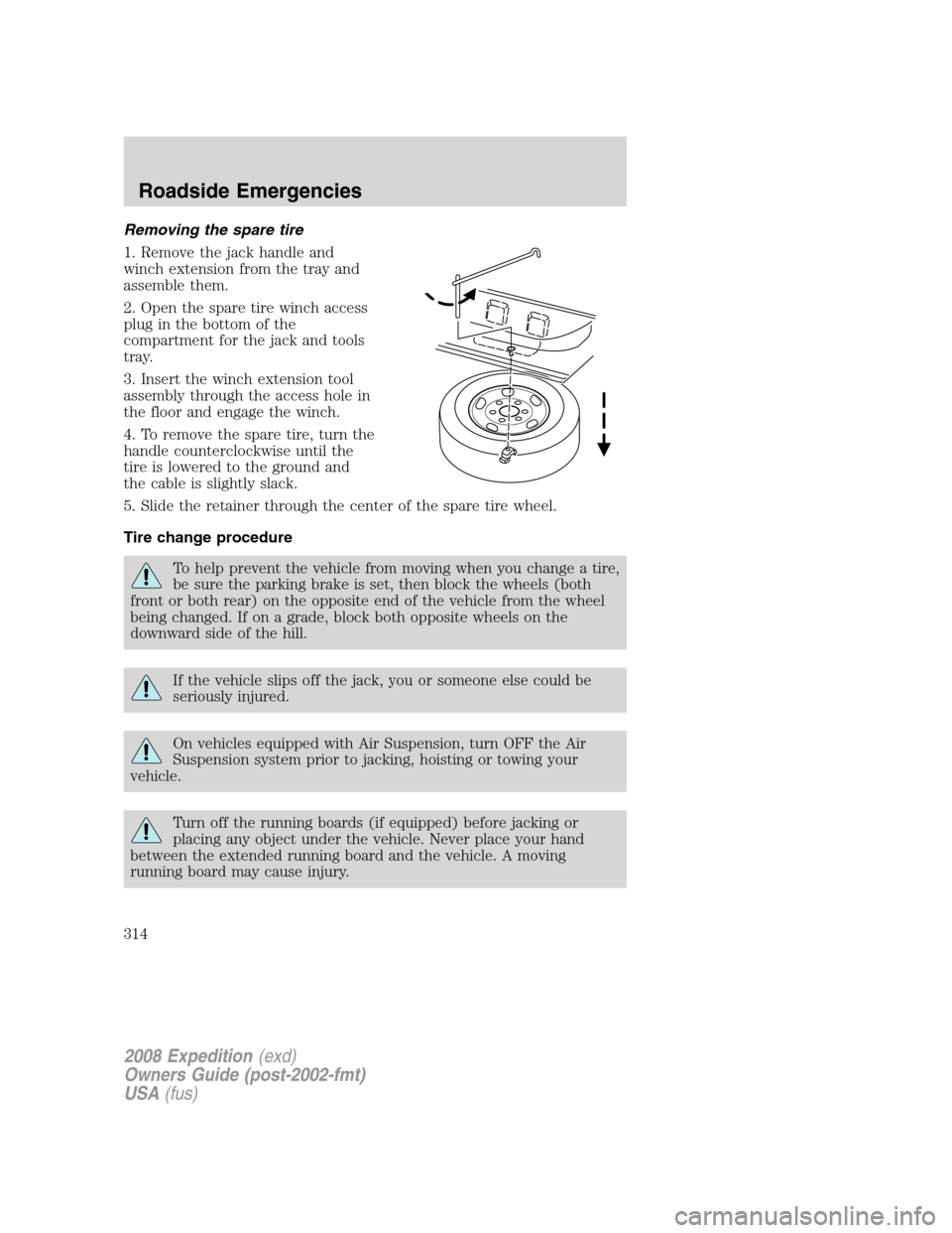 FORD EXPEDITION 2008 3.G Owners Manual 
Removing the spare tire
1. Remove the jack handle and
winch extension from the tray and
assemble them.
2. Open the spare tire winch access
plug in the bottom of the
compartment for the jack and tools