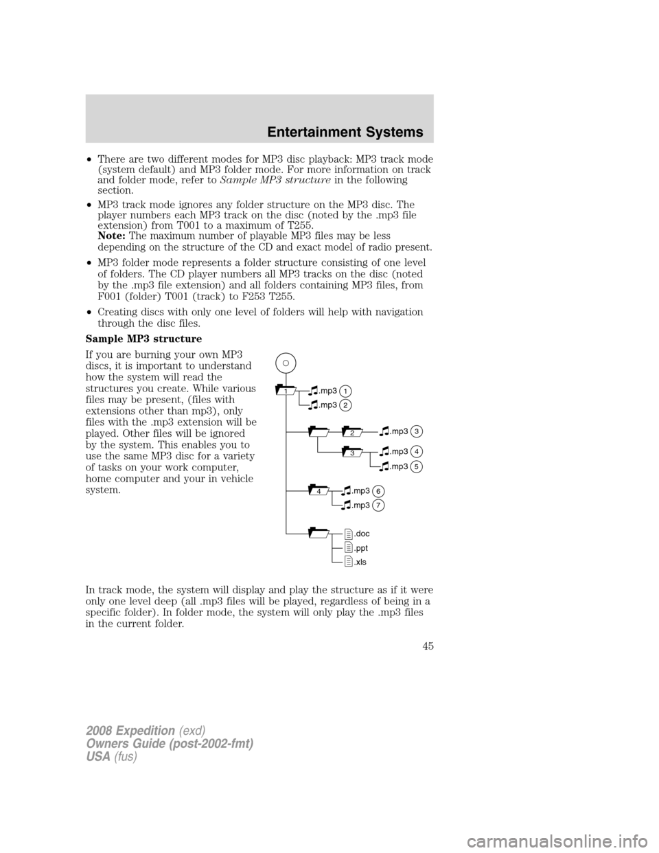 FORD EXPEDITION 2008 3.G Service Manual •There are two different modes for MP3 disc playback: MP3 track mode
(system default) and MP3 folder mode. For more information on track
and folder mode, refer toSample MP3 structurein the following