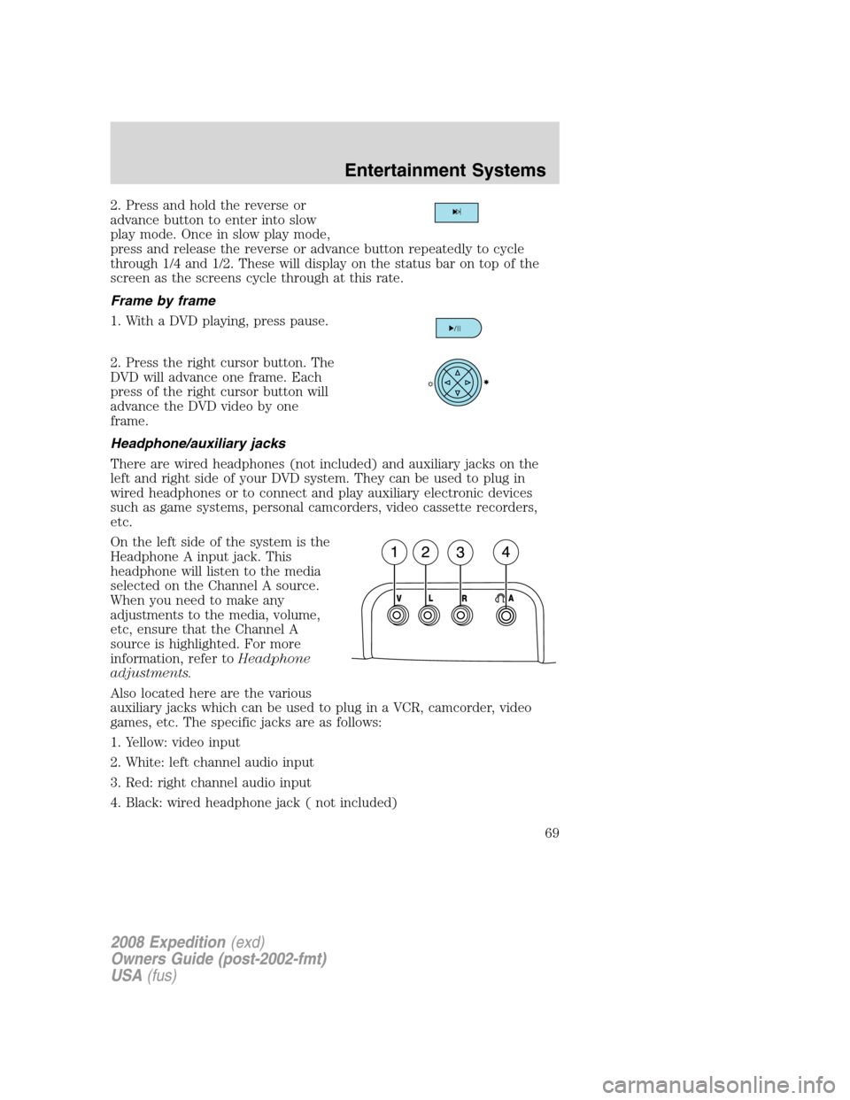 FORD EXPEDITION 2008 3.G Repair Manual 2. Press and hold the reverse or
advance button to enter into slow
play mode. Once in slow play mode,
press and release the reverse or advance button repeatedly to cycle
through 1/4 and 1/2. These wil FORD EXPEDITION 2008 3.G Repair Manual 2. Press and hold the reverse or
advance button to enter into slow
play mode. Once in slow play mode,
press and release the reverse or advance button repeatedly to cycle
through 1/4 and 1/2. These wil