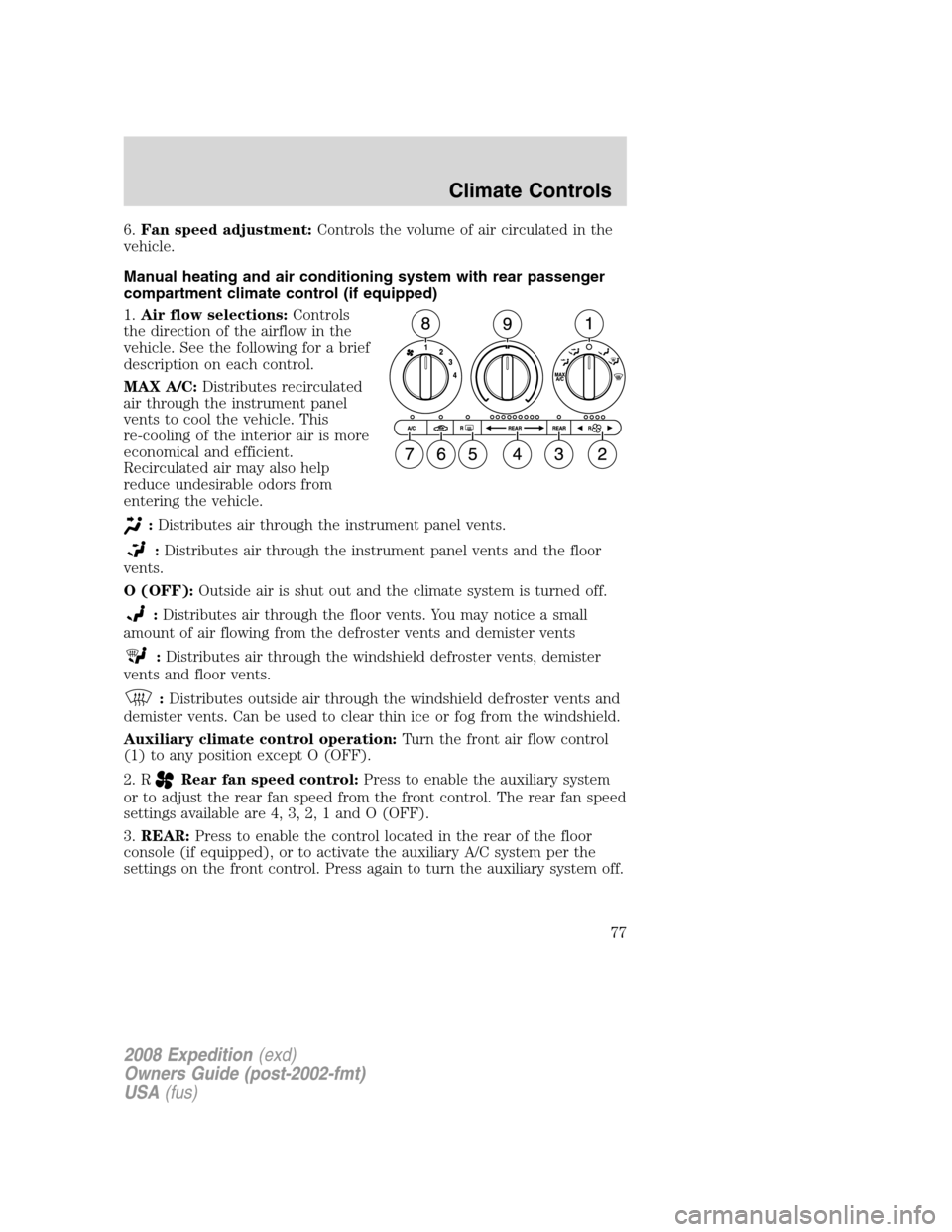 FORD EXPEDITION 2008 3.G Owners Manual 6.Fan speed adjustment:Controls the volume of air circulated in the
vehicle.
Manual heating and air conditioning system with rear passenger
compartment climate control (if equipped)
1.Air flow selecti