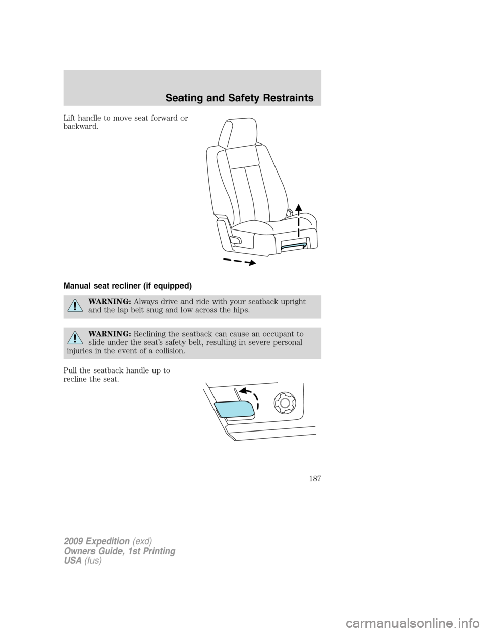 FORD EXPEDITION 2009 3.G Owners Manual Lift handle to move seat forward or
backward.
Manual seat recliner (if equipped)
WARNING:Always drive and ride with your seatback upright
and the lap belt snug and low across the hips.
WARNING:Reclini