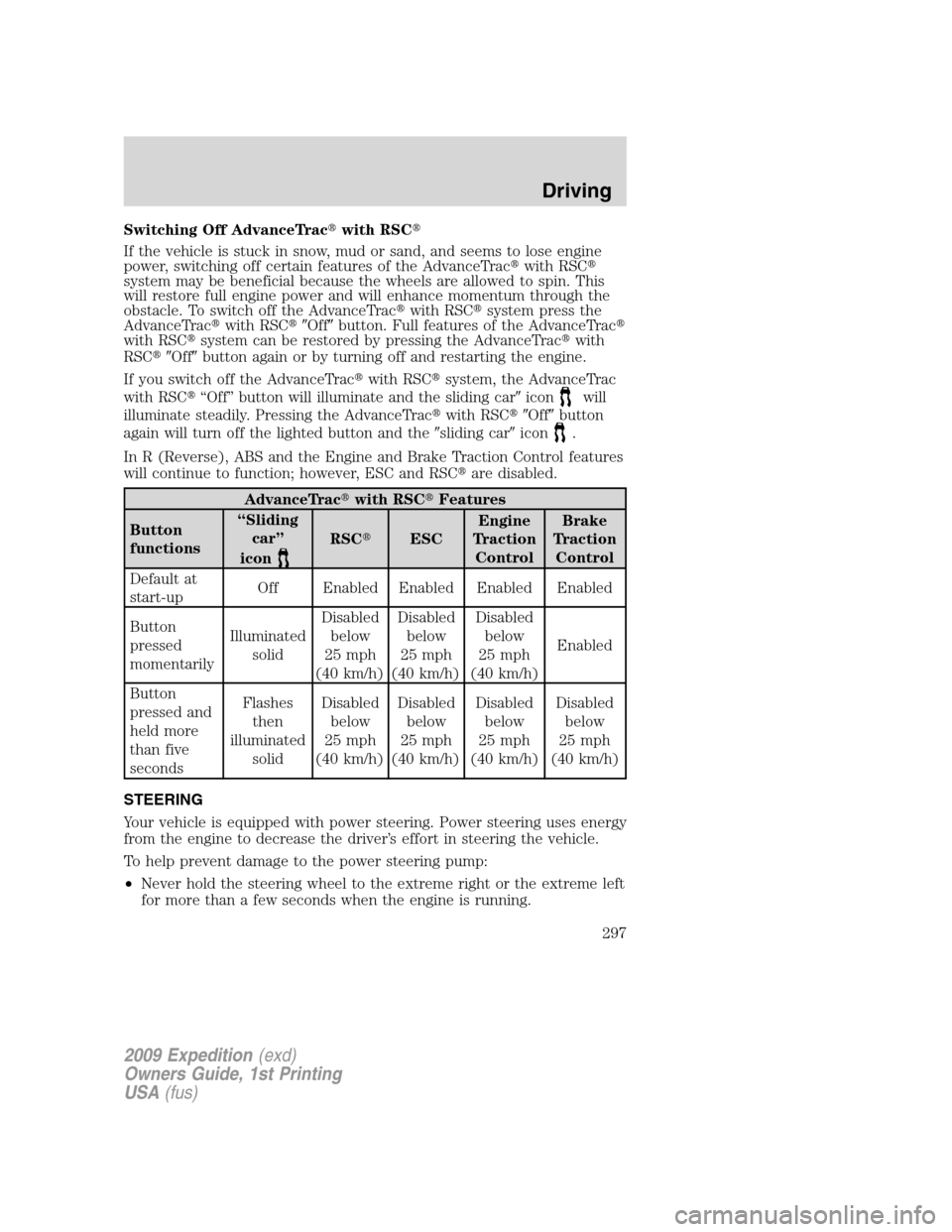 FORD EXPEDITION 2009 3.G Owners Manual Switching Off AdvanceTracwith RSC
If the vehicle is stuck in snow, mud or sand, and seems to lose engine
power, switching off certain features of the AdvanceTracwith RSC
system may be beneficial b