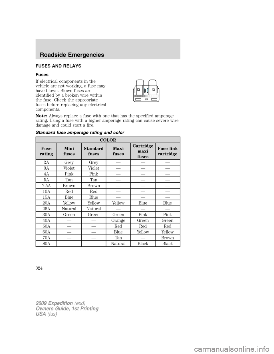 FORD EXPEDITION 2009 3.G Owners Manual FUSES AND RELAYS
Fuses
If electrical components in the
vehicle are not working, a fuse may
have blown. Blown fuses are
identified by a broken wire within
the fuse. Check the appropriate
fuses before r FORD EXPEDITION 2009 3.G Owners Manual FUSES AND RELAYS
Fuses
If electrical components in the
vehicle are not working, a fuse may
have blown. Blown fuses are
identified by a broken wire within
the fuse. Check the appropriate
fuses before r