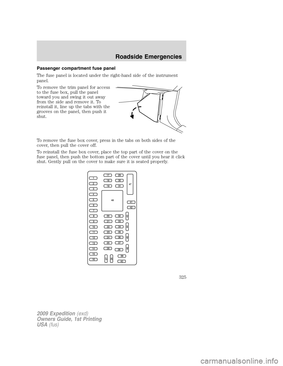 FORD EXPEDITION 2009 3.G Owners Manual Passenger compartment fuse panel
The fuse panel is located under the right-hand side of the instrument
panel.
To remove the trim panel for access
to the fuse box, pull the panel
toward you and swing i