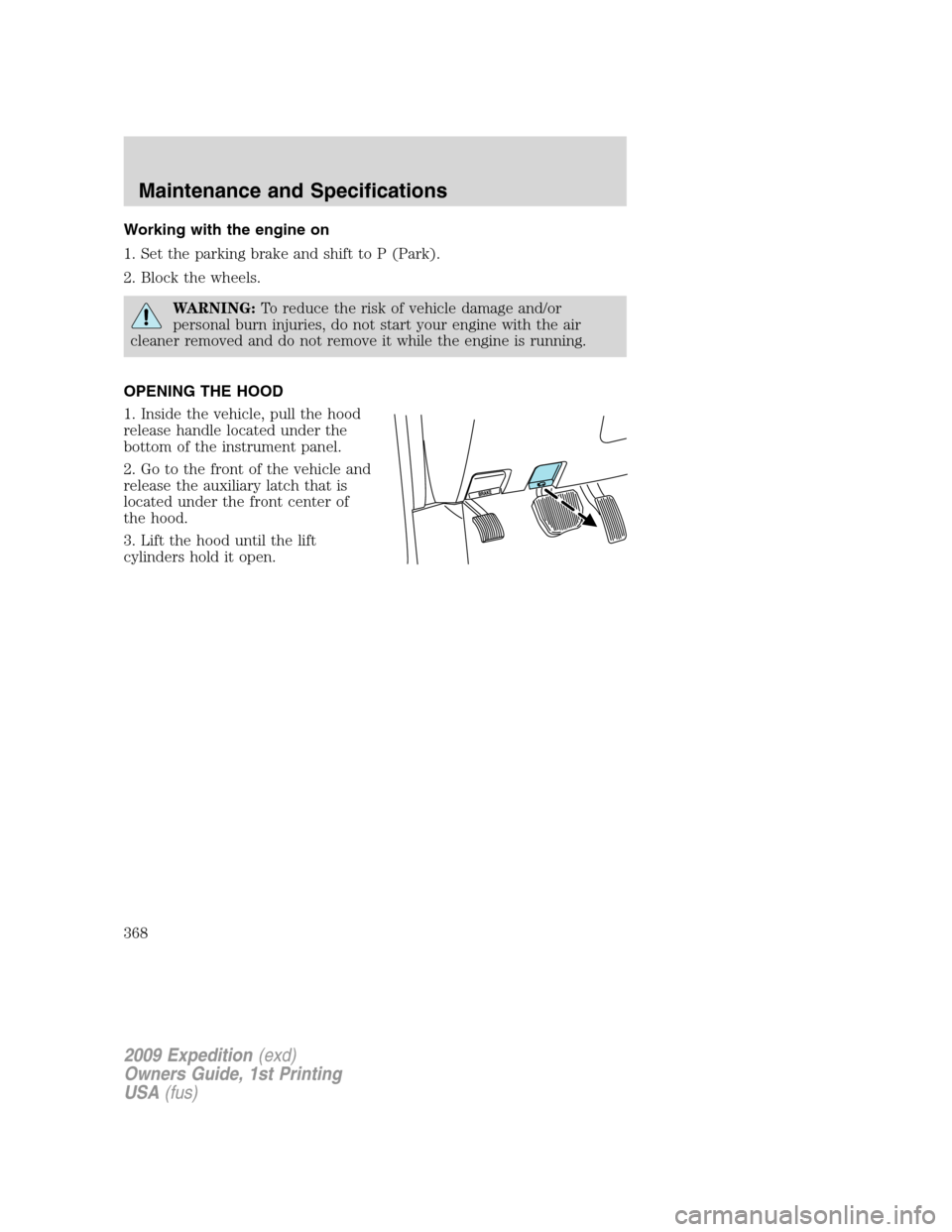FORD EXPEDITION 2009 3.G Owners Manual Working with the engine on
1. Set the parking brake and shift to P (Park).
2. Block the wheels.
WARNING:To reduce the risk of vehicle damage and/or
personal burn injuries, do not start your engine wit