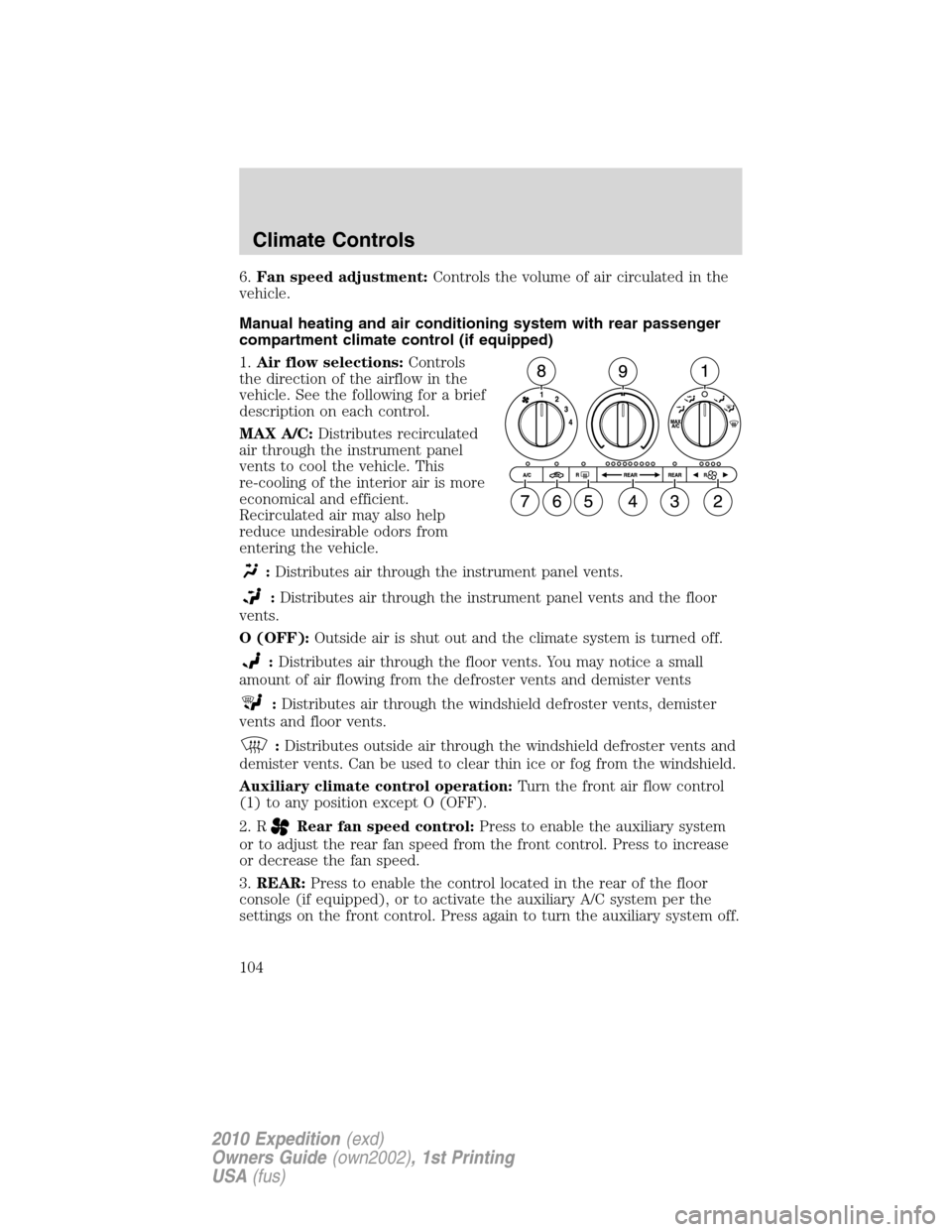 FORD EXPEDITION 2010 3.G Owners Manual 6.Fan speed adjustment:Controls the volume of air circulated in the
vehicle.
Manual heating and air conditioning system with rear passenger
compartment climate control (if equipped)
1.Air flow selecti