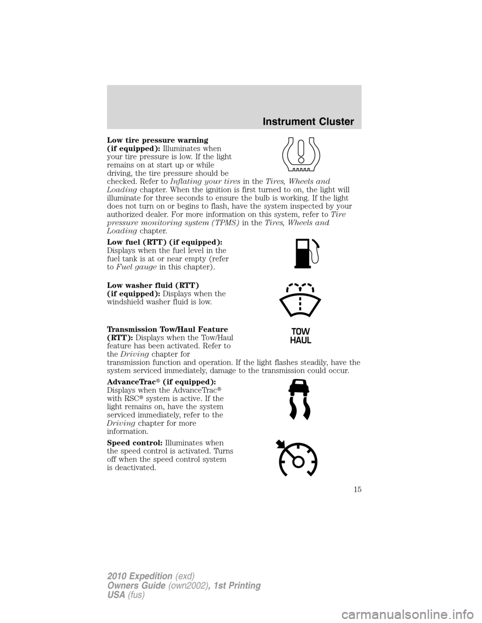 FORD EXPEDITION 2010 3.G Owners Manual Low tire pressure warning
(if equipped):Illuminates when
your tire pressure is low. If the light
remains on at start up or while
driving, the tire pressure should be
checked. Refer toInflating your ti