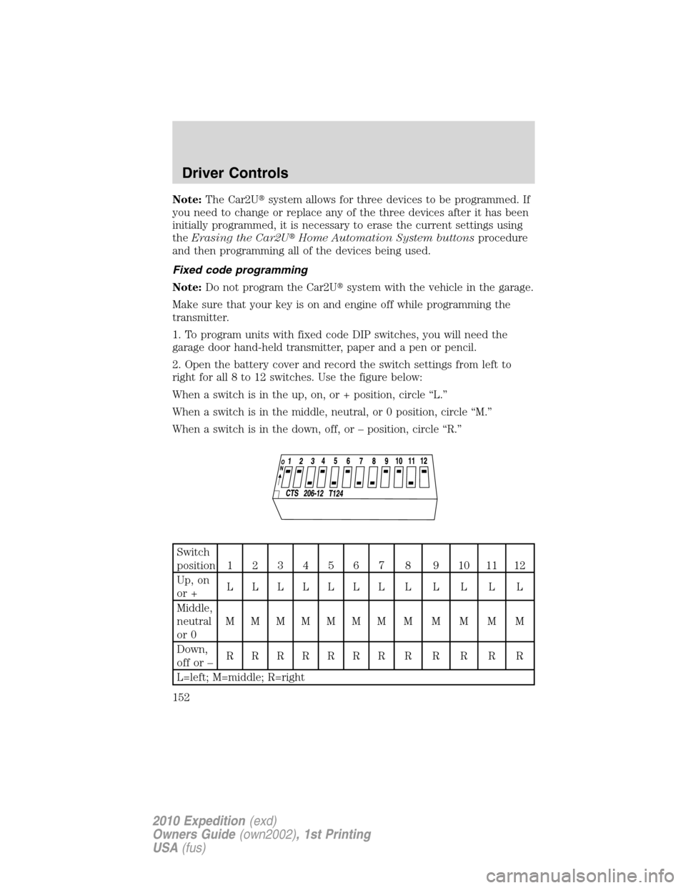 FORD EXPEDITION 2010 3.G Owners Manual Note:The Car2Usystem allows for three devices to be programmed. If
you need to change or replace any of the three devices after it has been
initially programmed, it is necessary to erase the current 
