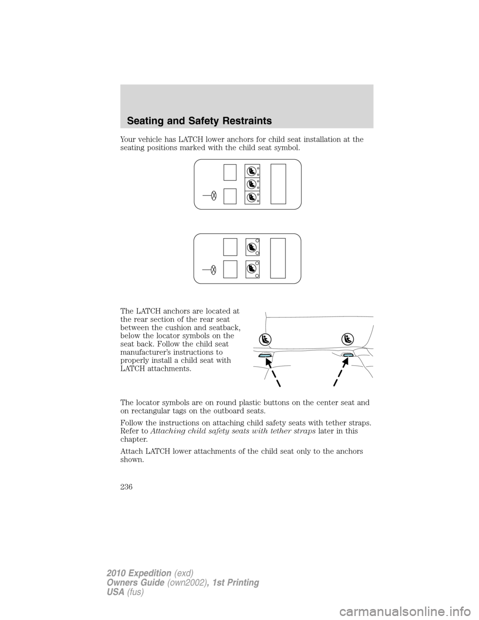 FORD EXPEDITION 2010 3.G Owners Manual Your vehicle has LATCH lower anchors for child seat installation at the
seating positions marked with the child seat symbol.
The LATCH anchors are located at
the rear section of the rear seat
between 