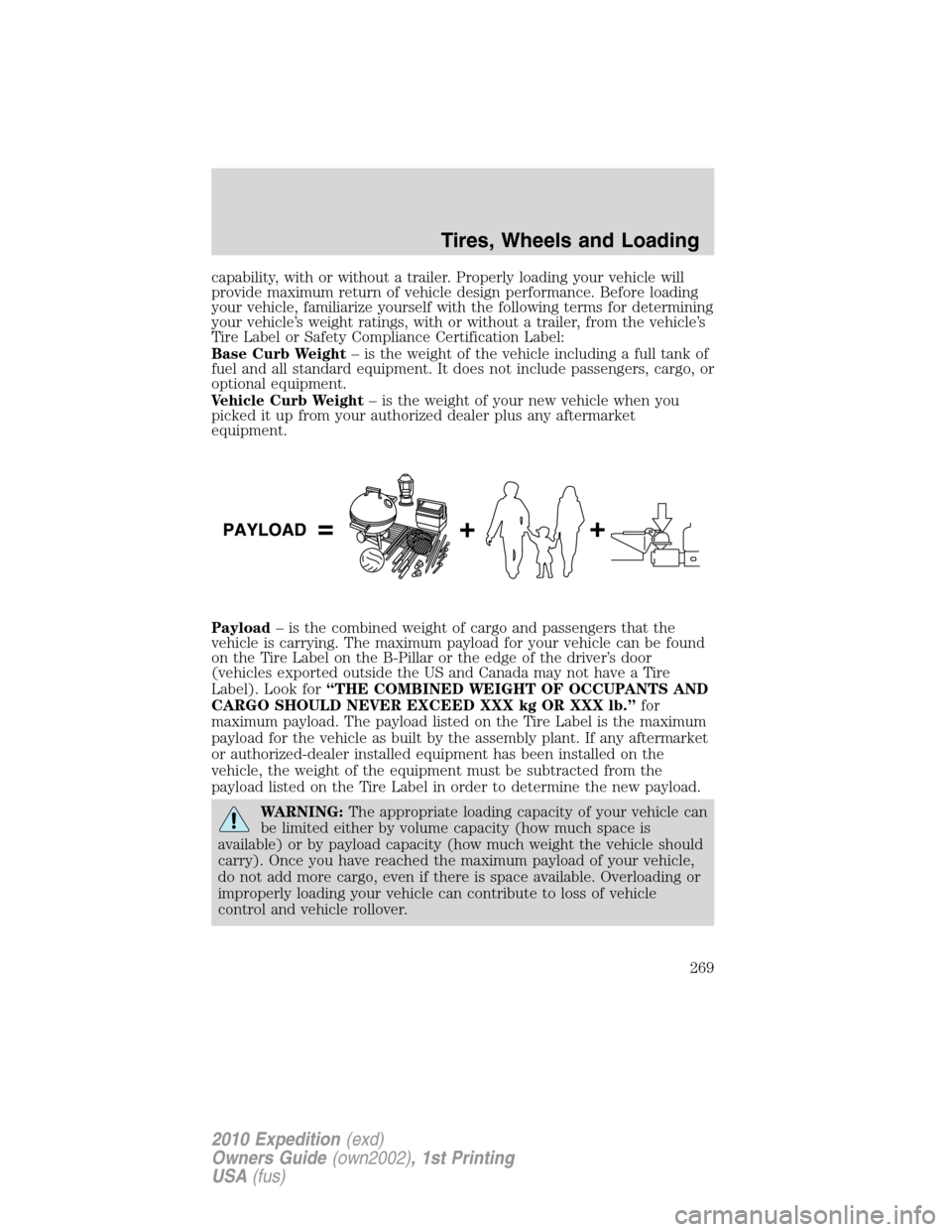 FORD EXPEDITION 2010 3.G Owners Manual capability, with or without a trailer. Properly loading your vehicle will
provide maximum return of vehicle design performance. Before loading
your vehicle, familiarize yourself with the following ter