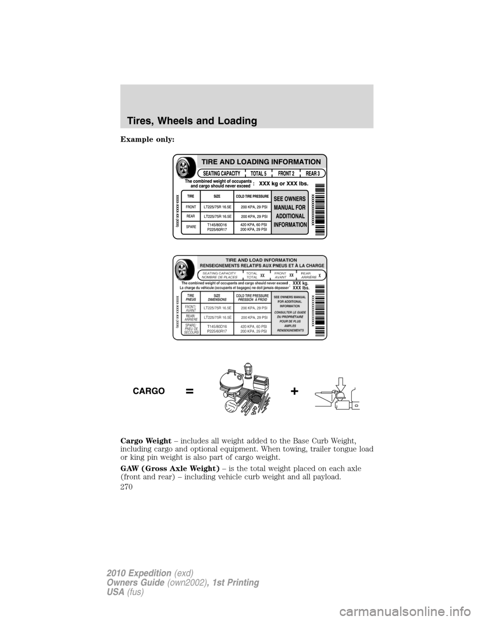 FORD EXPEDITION 2010 3.G Owners Manual Example only:
Cargo Weight– includes all weight added to the Base Curb Weight,
including cargo and optional equipment. When towing, trailer tongue load
or king pin weight is also part of cargo weigh