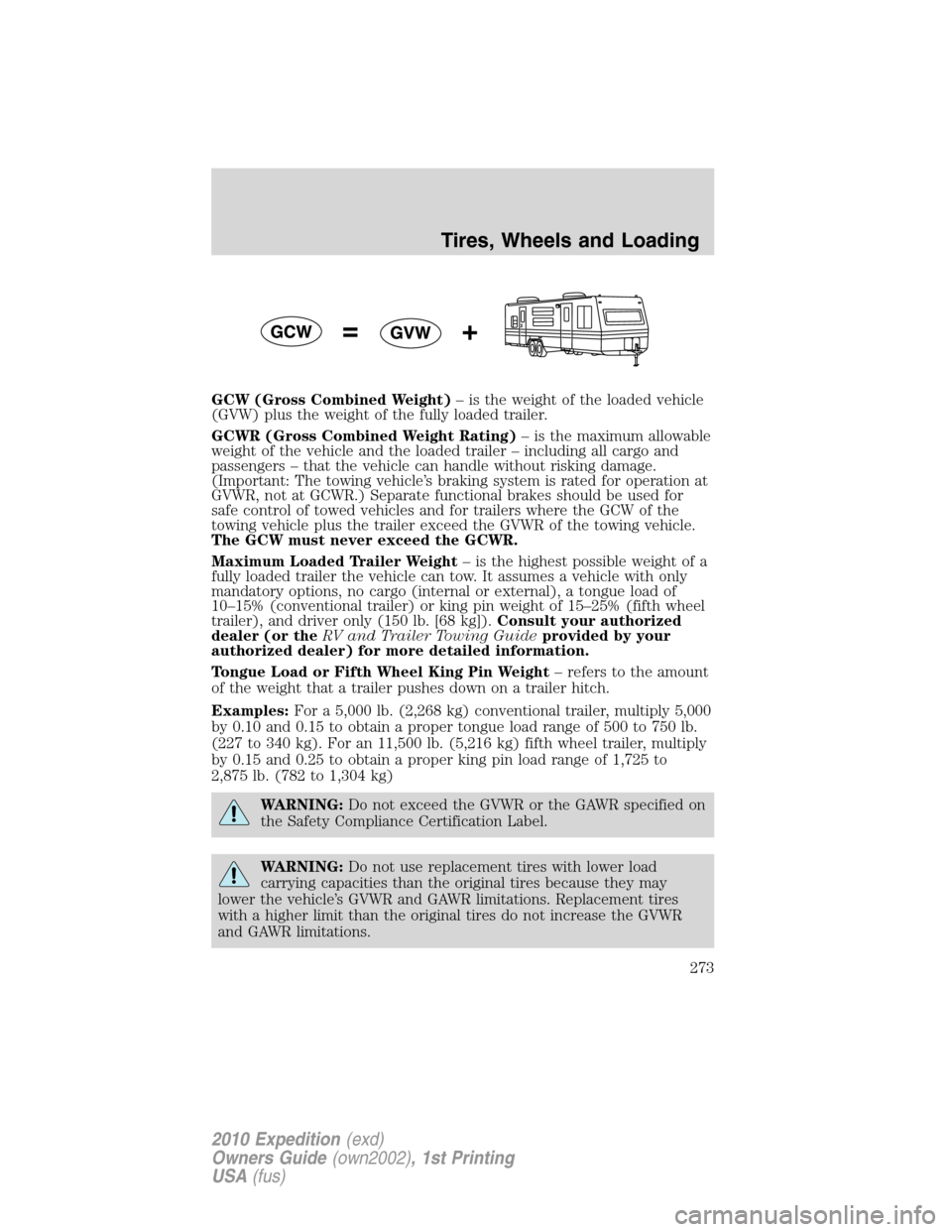 FORD EXPEDITION 2010 3.G Owners Manual GCW (Gross Combined Weight)– is the weight of the loaded vehicle
(GVW) plus the weight of the fully loaded trailer.
GCWR (Gross Combined Weight Rating)– is the maximum allowable
weight of the vehi FORD EXPEDITION 2010 3.G Owners Manual GCW (Gross Combined Weight)– is the weight of the loaded vehicle
(GVW) plus the weight of the fully loaded trailer.
GCWR (Gross Combined Weight Rating)– is the maximum allowable
weight of the vehi