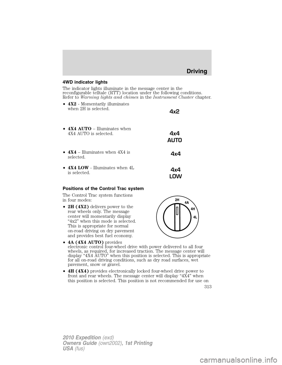 FORD EXPEDITION 2010 3.G Owners Manual 4WD indicator lights
The indicator lights illuminate in the message center in the
reconfigurable telltale (RTT) location under the following conditions.
Refer toWarning lights and chimesin theInstrume