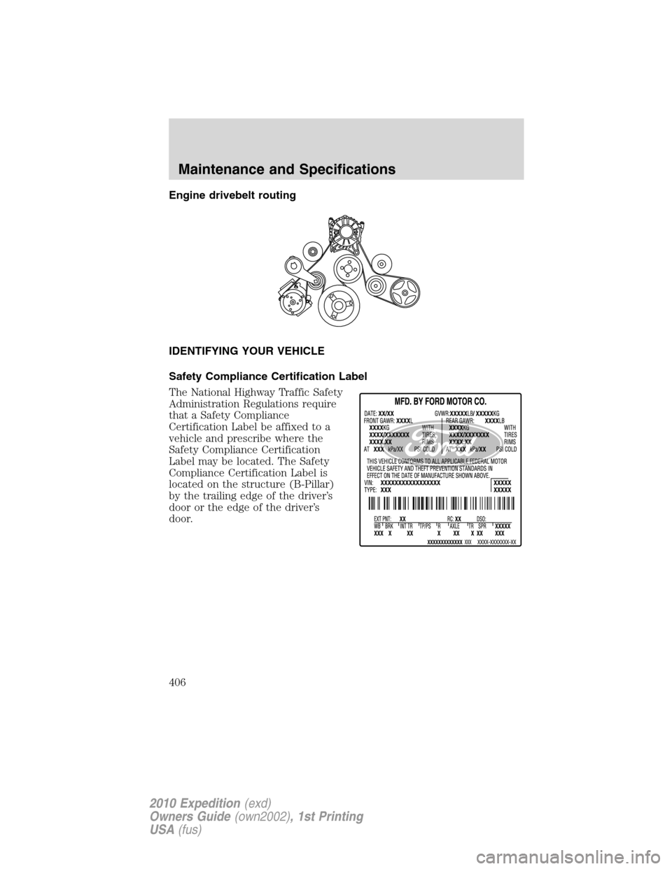 FORD EXPEDITION 2010 3.G Owners Manual Engine drivebelt routing
IDENTIFYING YOUR VEHICLE
Safety Compliance Certification Label
The National Highway Traffic Safety
Administration Regulations require
that a Safety Compliance
Certification La
