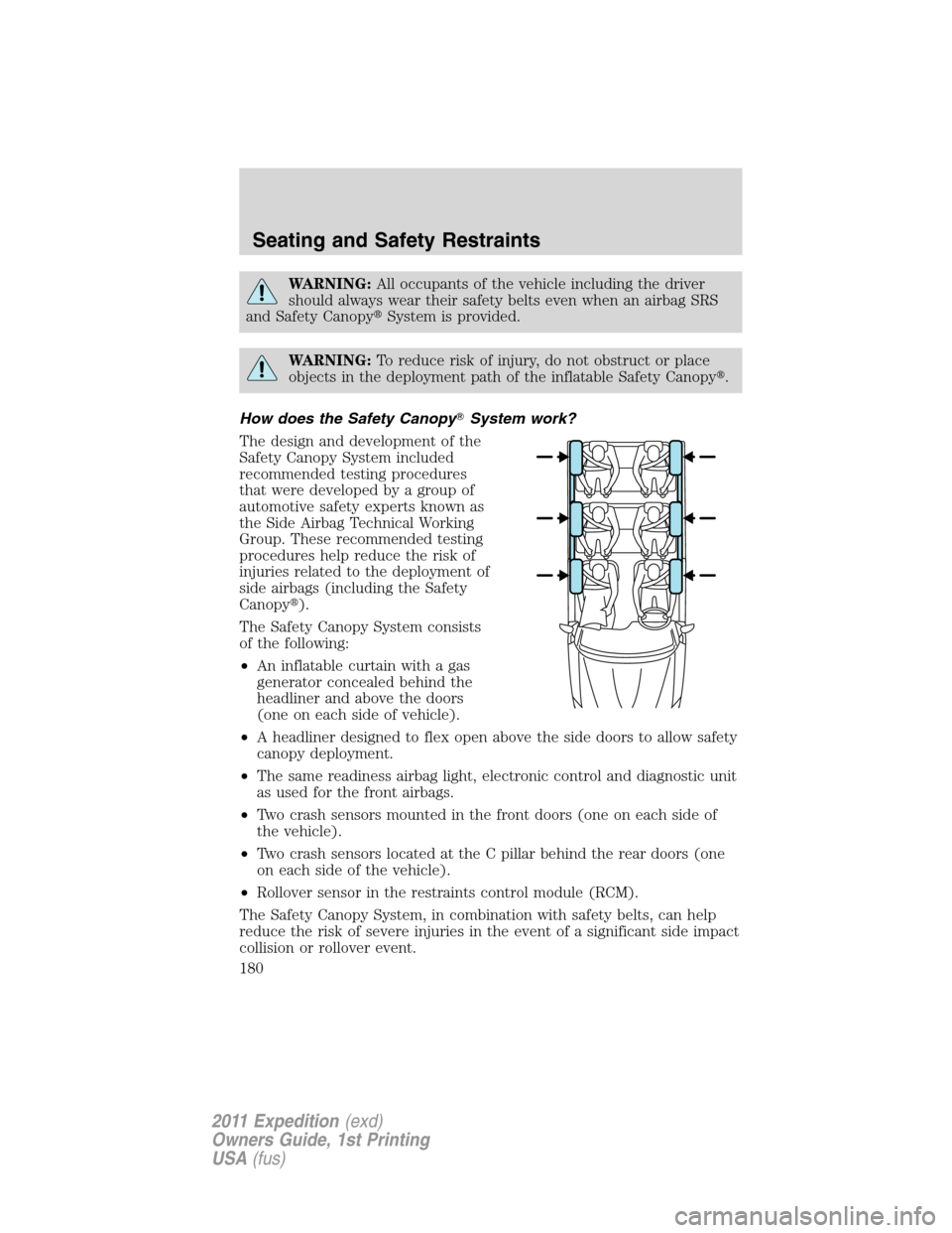 FORD EXPEDITION 2011 3.G Owners Manual WARNING:All occupants of the vehicle including the driver
should always wear their safety belts even when an airbag SRS
and Safety CanopySystem is provided.
WARNING:To reduce risk of injury, do not o