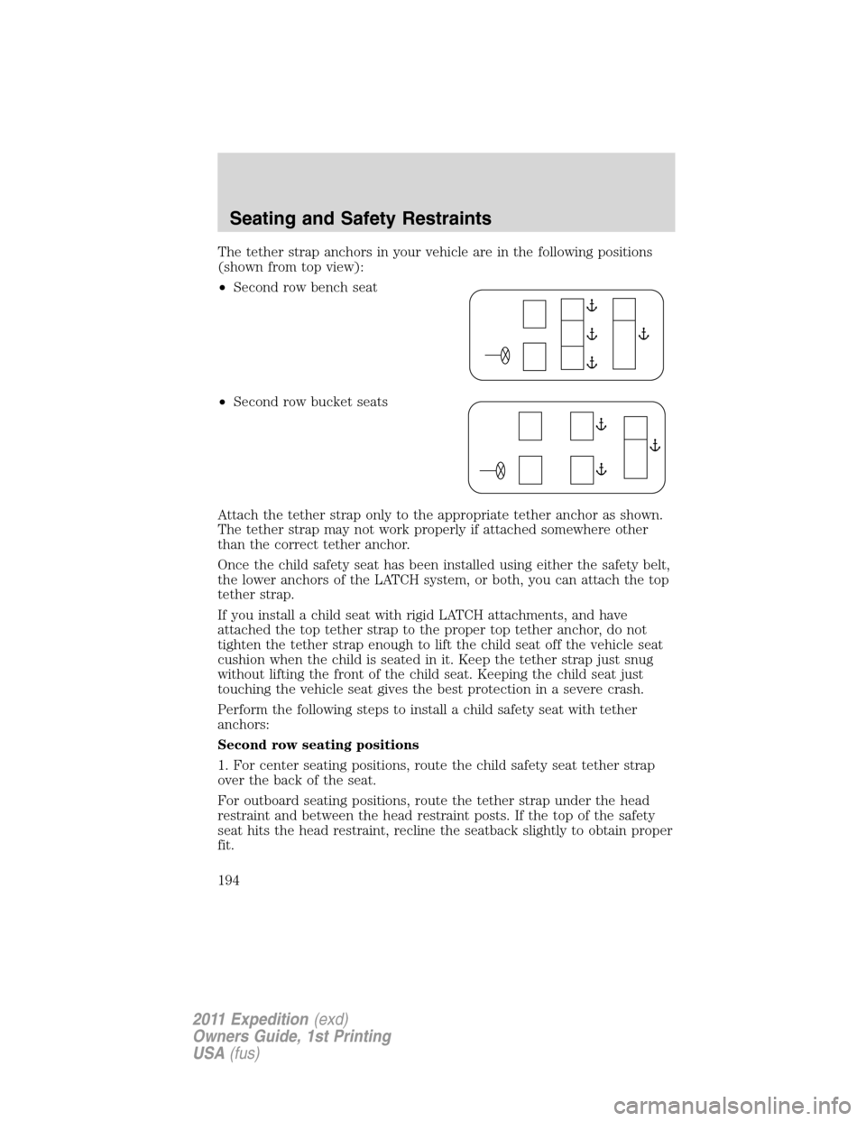 FORD EXPEDITION 2011 3.G Repair Manual The tether strap anchors in your vehicle are in the following positions
(shown from top view):
•Second row bench seat
•Second row bucket seats
Attach the tether strap only to the appropriate tethe