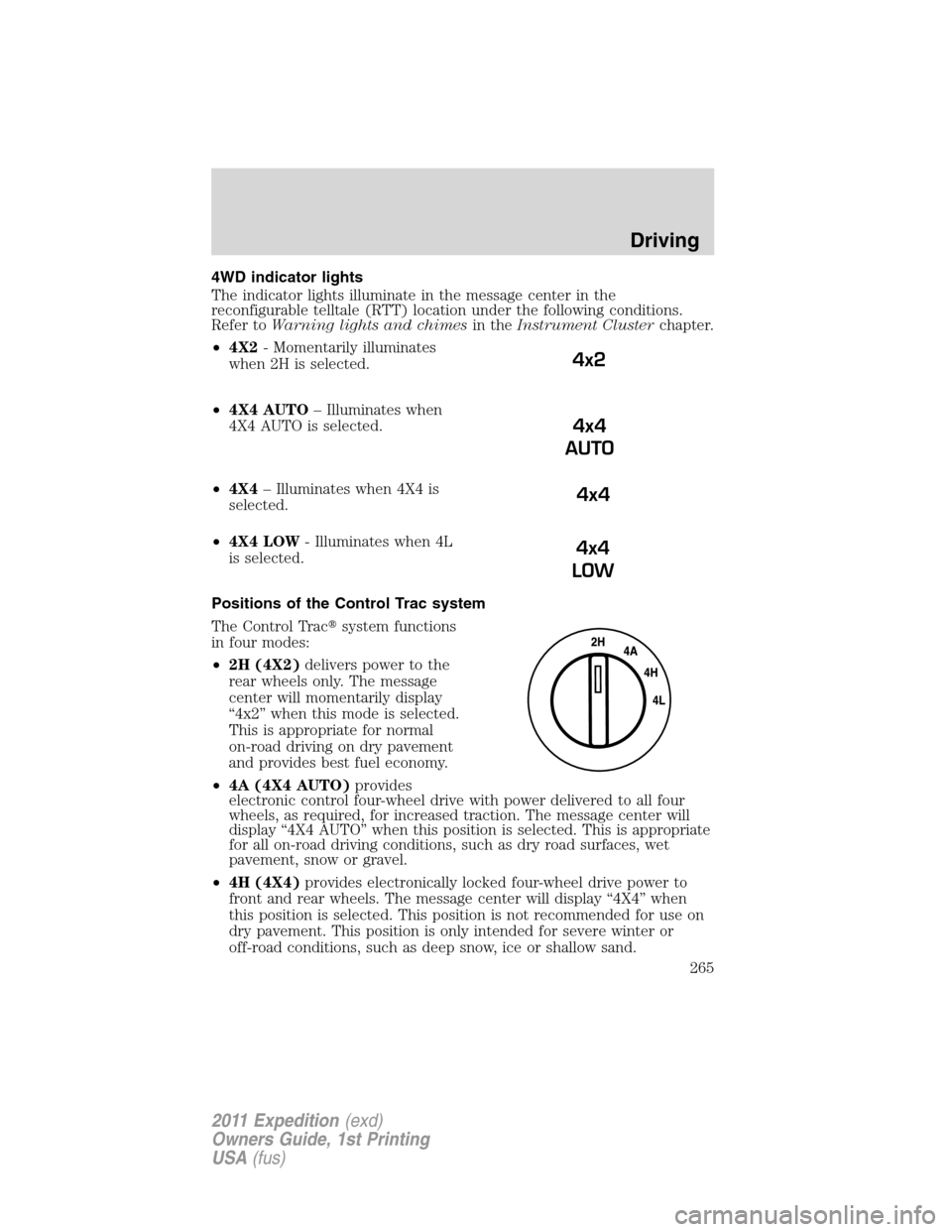 FORD EXPEDITION 2011 3.G Owners Manual 4WD indicator lights
The indicator lights illuminate in the message center in the
reconfigurable telltale (RTT) location under the following conditions.
Refer toWarning lights and chimesin theInstrume