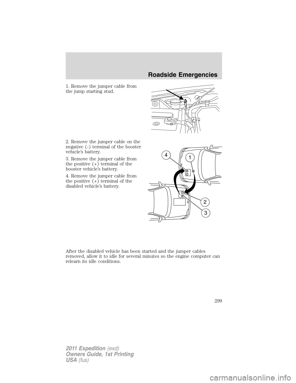FORD EXPEDITION 2011 3.G Owners Manual 1. Remove the jumper cable from
the jump starting stud.
2. Remove the jumper cable on the
negative (-) terminal of the booster
vehicle’s battery.
3. Remove the jumper cable from
the positive (+) ter FORD EXPEDITION 2011 3.G Owners Manual 1. Remove the jumper cable from
the jump starting stud.
2. Remove the jumper cable on the
negative (-) terminal of the booster
vehicle’s battery.
3. Remove the jumper cable from
the positive (+) ter