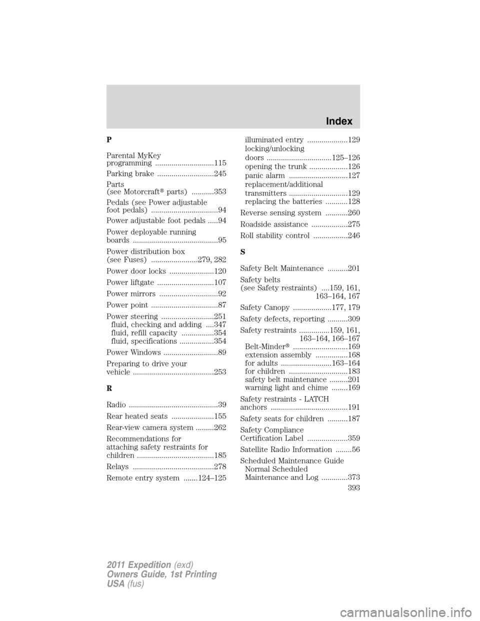 FORD EXPEDITION 2011 3.G Owners Manual P
Parental MyKey
programming .............................115
Parking brake ............................245
Parts
(see Motorcraftparts) ...........353
Pedals (see Power adjustable
foot pedals) ......