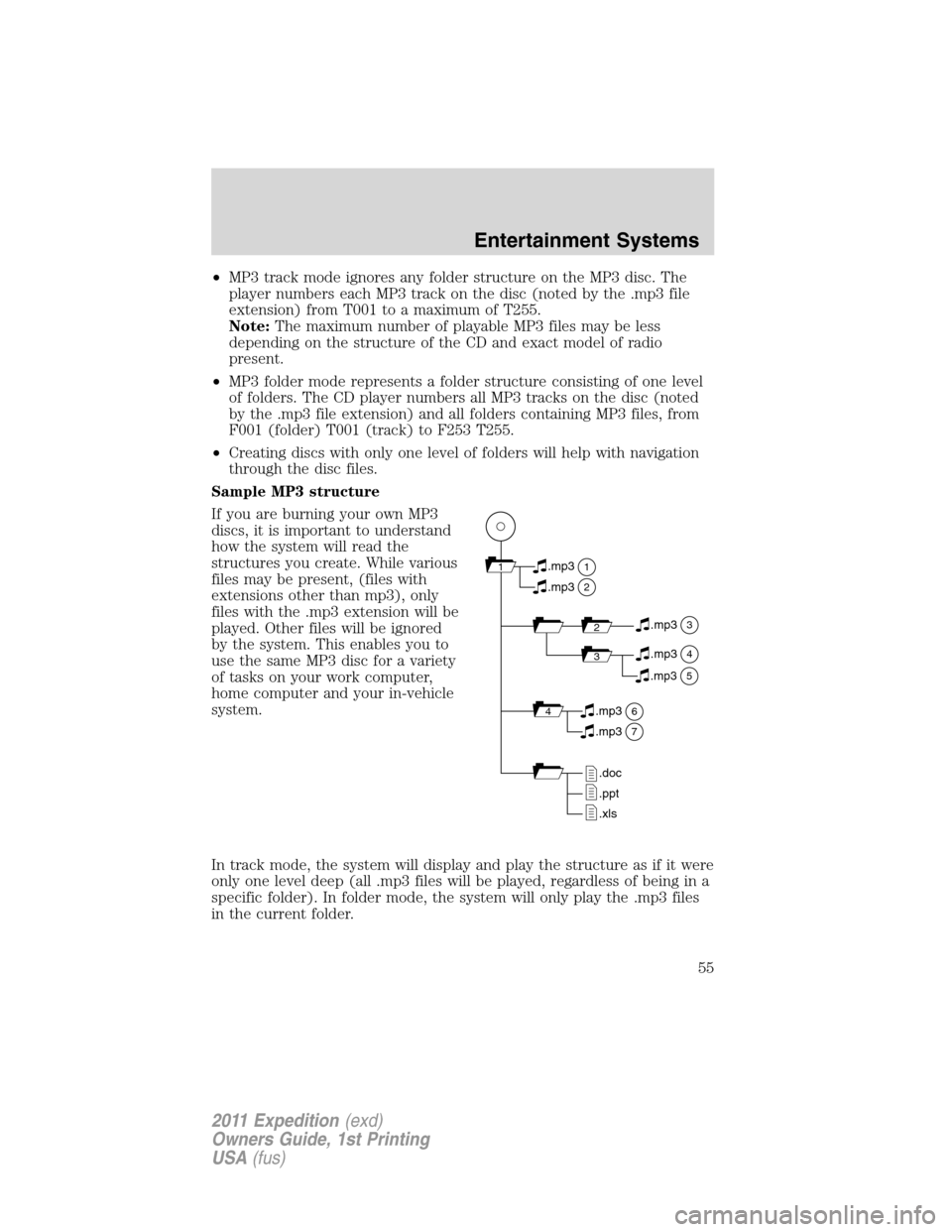 FORD EXPEDITION 2011 3.G Workshop Manual •MP3 track mode ignores any folder structure on the MP3 disc. The
player numbers each MP3 track on the disc (noted by the .mp3 file
extension) from T001 to a maximum of T255.
Note:The maximum number