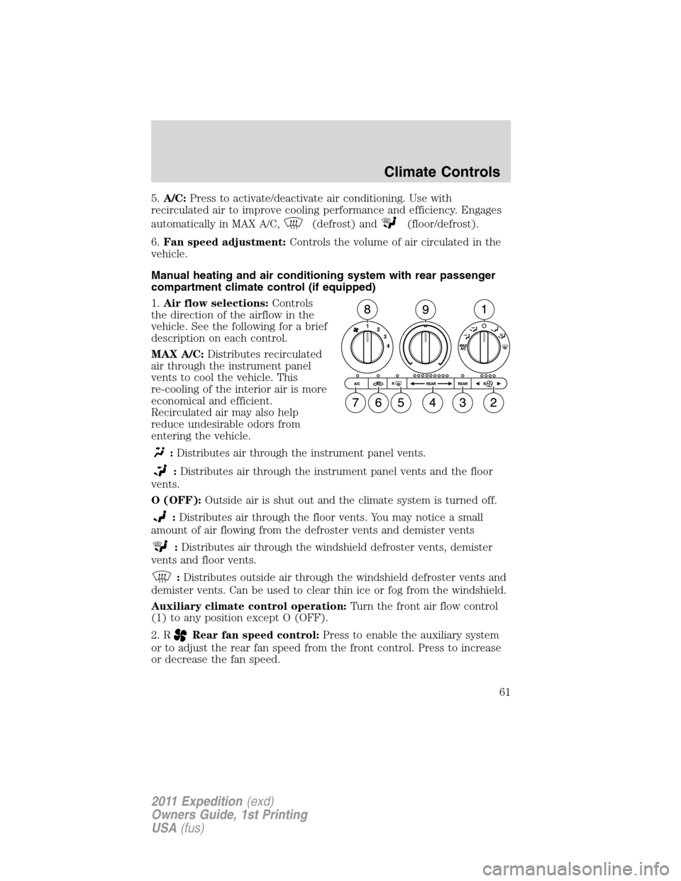 FORD EXPEDITION 2011 3.G Owners Manual 5.A/C:Press to activate/deactivate air conditioning. Use with
recirculated air to improve cooling performance and efficiency. Engages
automatically in MAX A/C,
(defrost) and(floor/defrost).
6.Fan spee