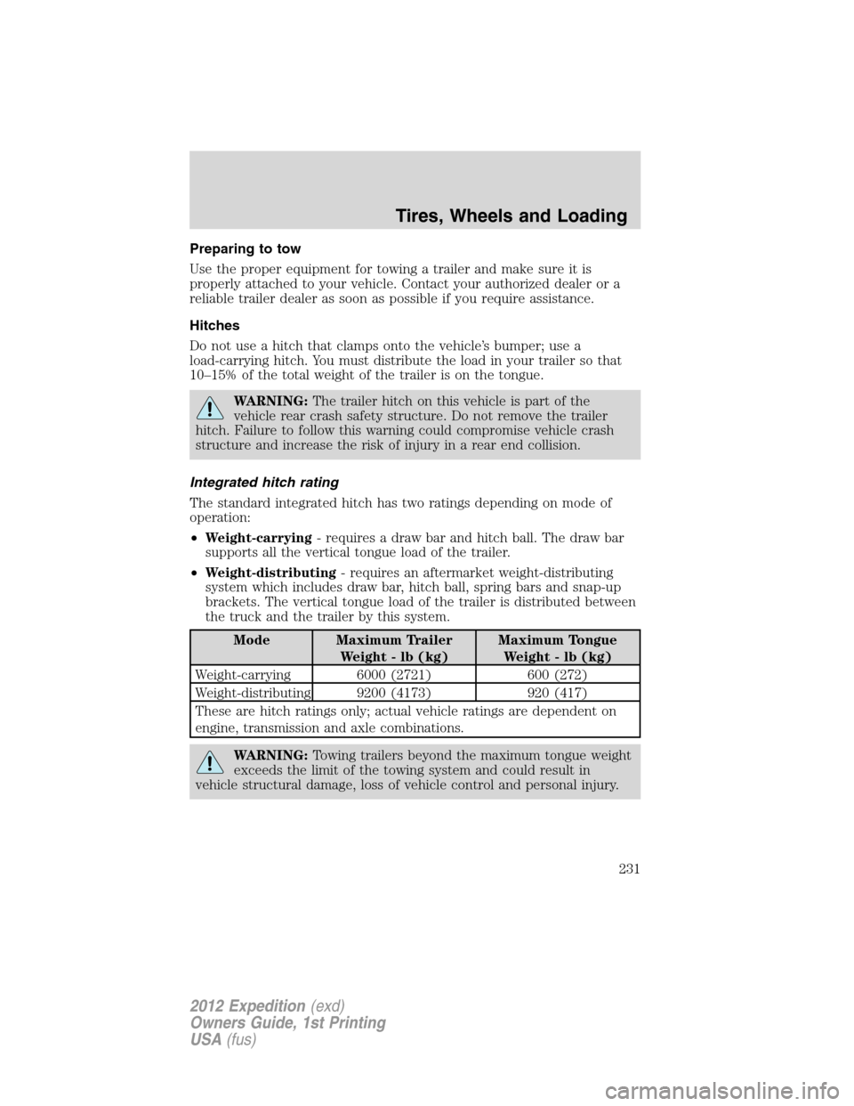 FORD EXPEDITION 2012 3.G Owners Manual Preparing to tow
Use the proper equipment for towing a trailer and make sure it is
properly attached to your vehicle. Contact your authorized dealer or a
reliable trailer dealer as soon as possible if FORD EXPEDITION 2012 3.G Owners Manual Preparing to tow
Use the proper equipment for towing a trailer and make sure it is
properly attached to your vehicle. Contact your authorized dealer or a
reliable trailer dealer as soon as possible if