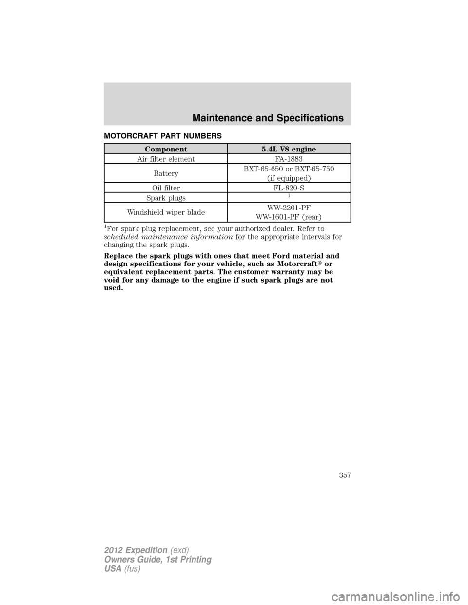 FORD EXPEDITION 2012 3.G Owners Manual MOTORCRAFT PART NUMBERS
Component 5.4L V8 engine
Air filter element FA-1883
BatteryBXT-65-650 or BXT-65-750
(if equipped)
Oil filter FL-820-S
Spark plugs
1
Windshield wiper bladeWW-2201-PF
WW-1601-PF 