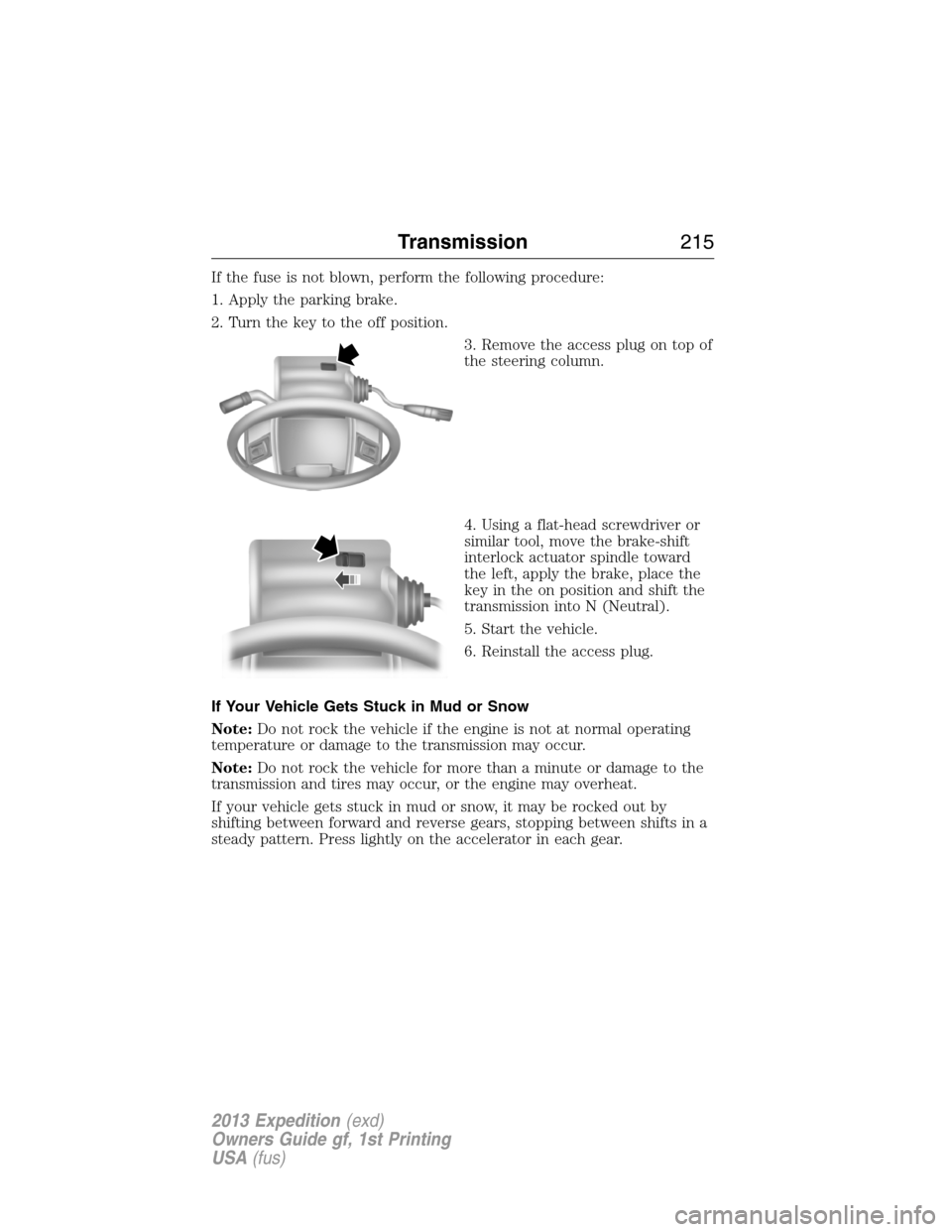 FORD EXPEDITION 2013 3.G Owners Manual If the fuse is not blown, perform the following procedure:
1. Apply the parking brake.
2. Turn the key to the off position.
3. Remove the access plug on top of
the steering column.
4. Using a flat-hea