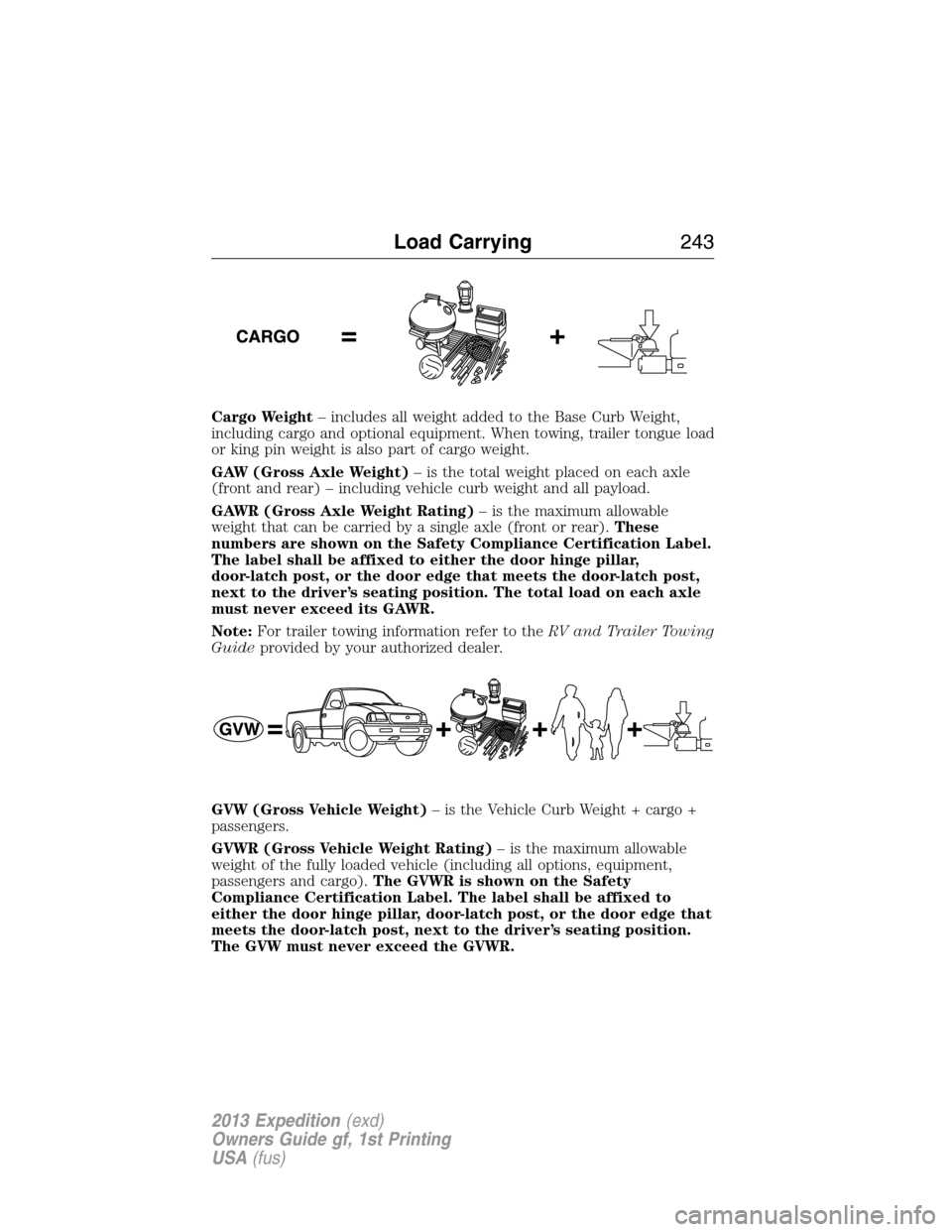 FORD EXPEDITION 2013 3.G Owners Manual Cargo Weight– includes all weight added to the Base Curb Weight,
including cargo and optional equipment. When towing, trailer tongue load
or king pin weight is also part of cargo weight.
GAW (Gross 