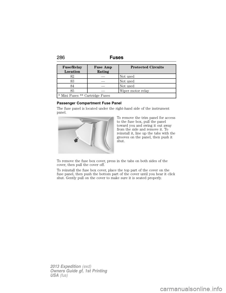 FORD EXPEDITION 2013 3.G Owners Manual Fuse/Relay
LocationFuse Amp
RatingProtected Circuits
82 — Not used
83 — Not used
84 — Not used
85 — Wiper motor relay
* Mini Fuses ** Cartridge Fuses
Passenger Compartment Fuse Panel
The fuse 