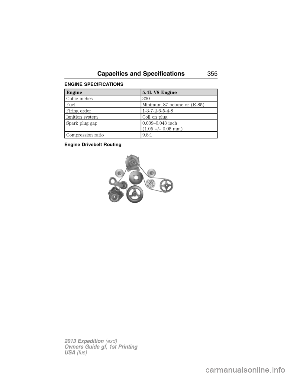 FORD EXPEDITION 2013 3.G Owners Manual ENGINE SPECIFICATIONS
Engine 5.4L V8 Engine
Cubic inches 330
Fuel Minimum 87 octane or (E-85)
Firing order 1-3-7-2-6-5-4-8
Ignition system Coil on plug
Spark plug gap 0.039–0.043 inch
(1.05 +/– 0.