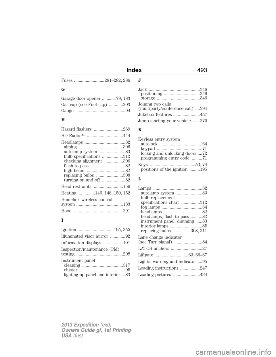 FORD EXPEDITION 2013 3.G Owners Manual Fuses ..........................281–282, 286
G
Garage door opener ..........179, 183
Gas cap (see Fuel cap) ............203
Gauges .........................................94
H
Hazard flashers .....