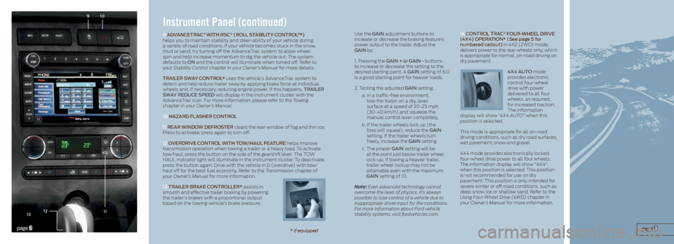 FORD EXPEDITION 2013 3.G Quick Reference Guide Instrument Panel (continued)
9 adVanCetR aC® WItH R sC® (R oll staBIlItY C ontRol™)  
helps you to maintain stability and steer-ability of your vehicle during  
a variety of road conditions. If yo